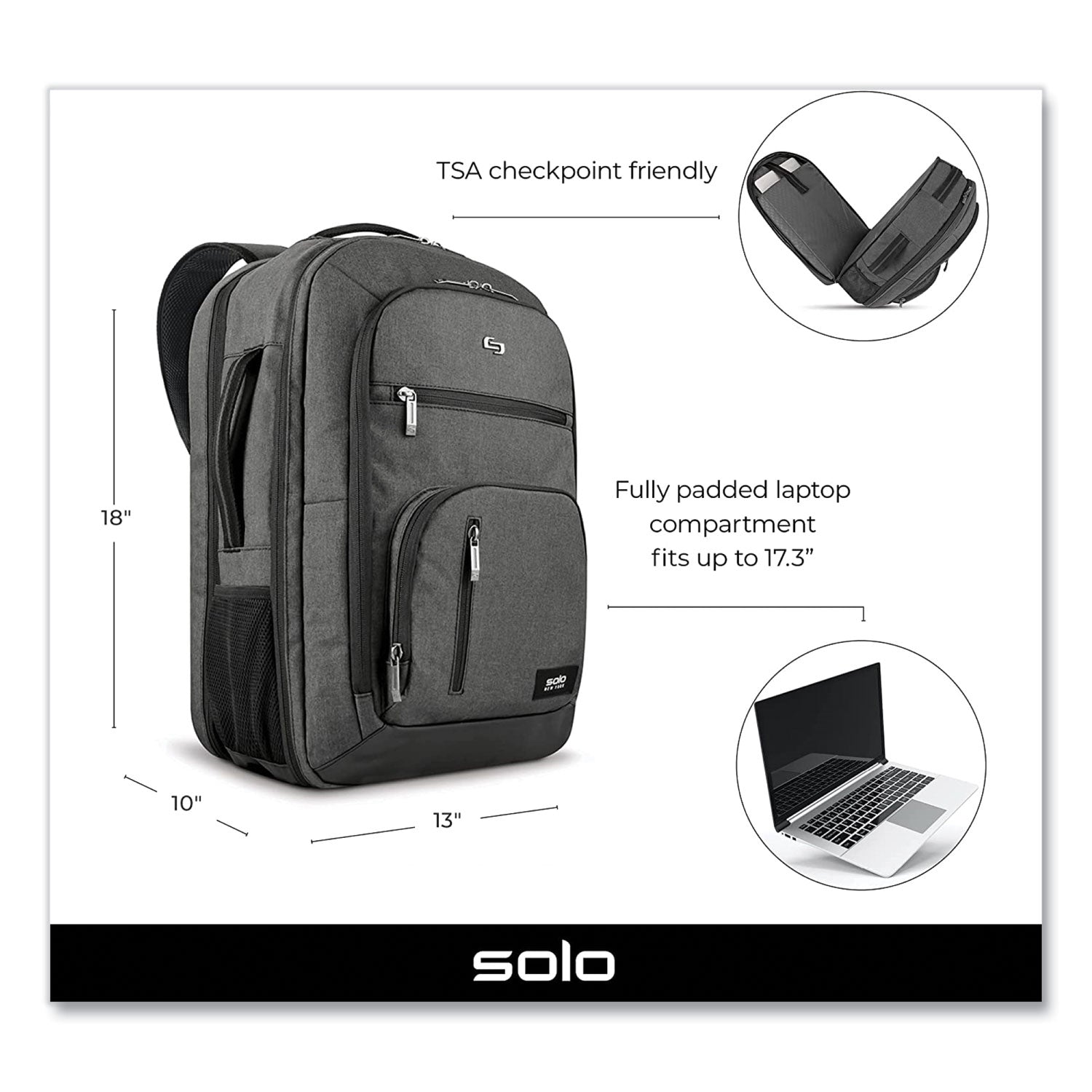 Solo Grand Travel TSA Backpack, 17.3", 11.88 x 7 x 19, Dark Gray