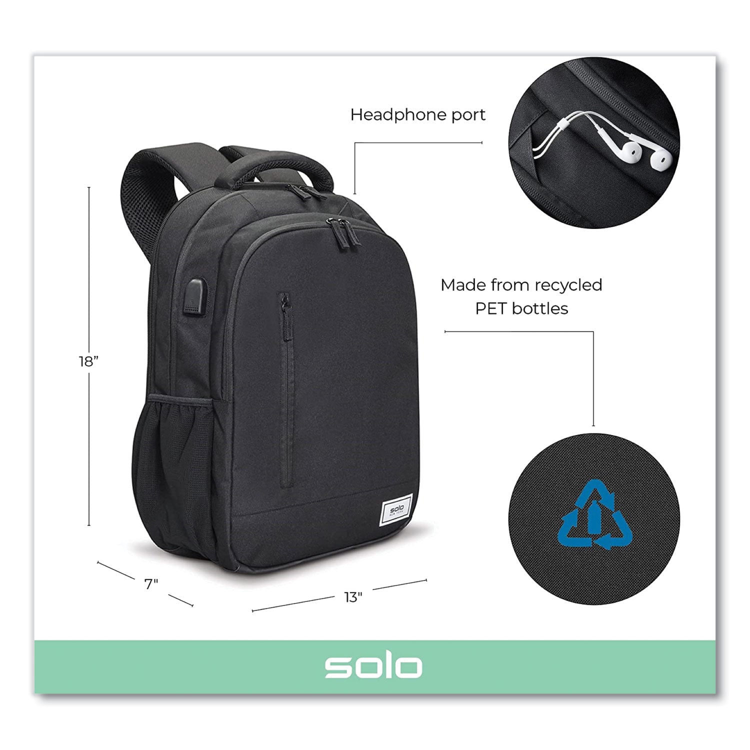 Solo Re:Define Laptop Backpack, 15.6", 12.25 x 5.75 x 18.75, Black