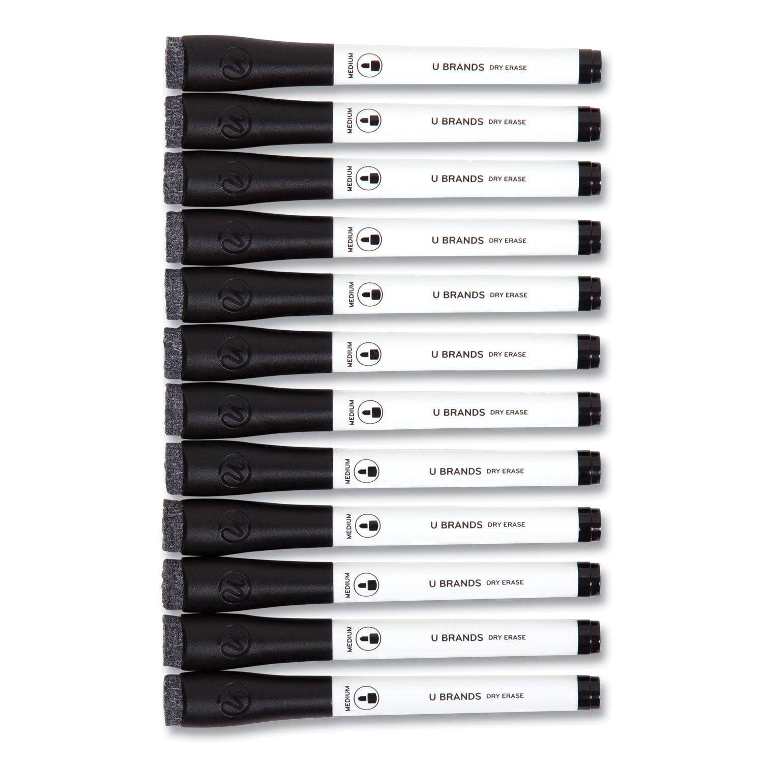 U Brands Medium Point Low-Odor Dry-Erase Markers With Erasers, Medium Bullet Tip, Black, Dozen