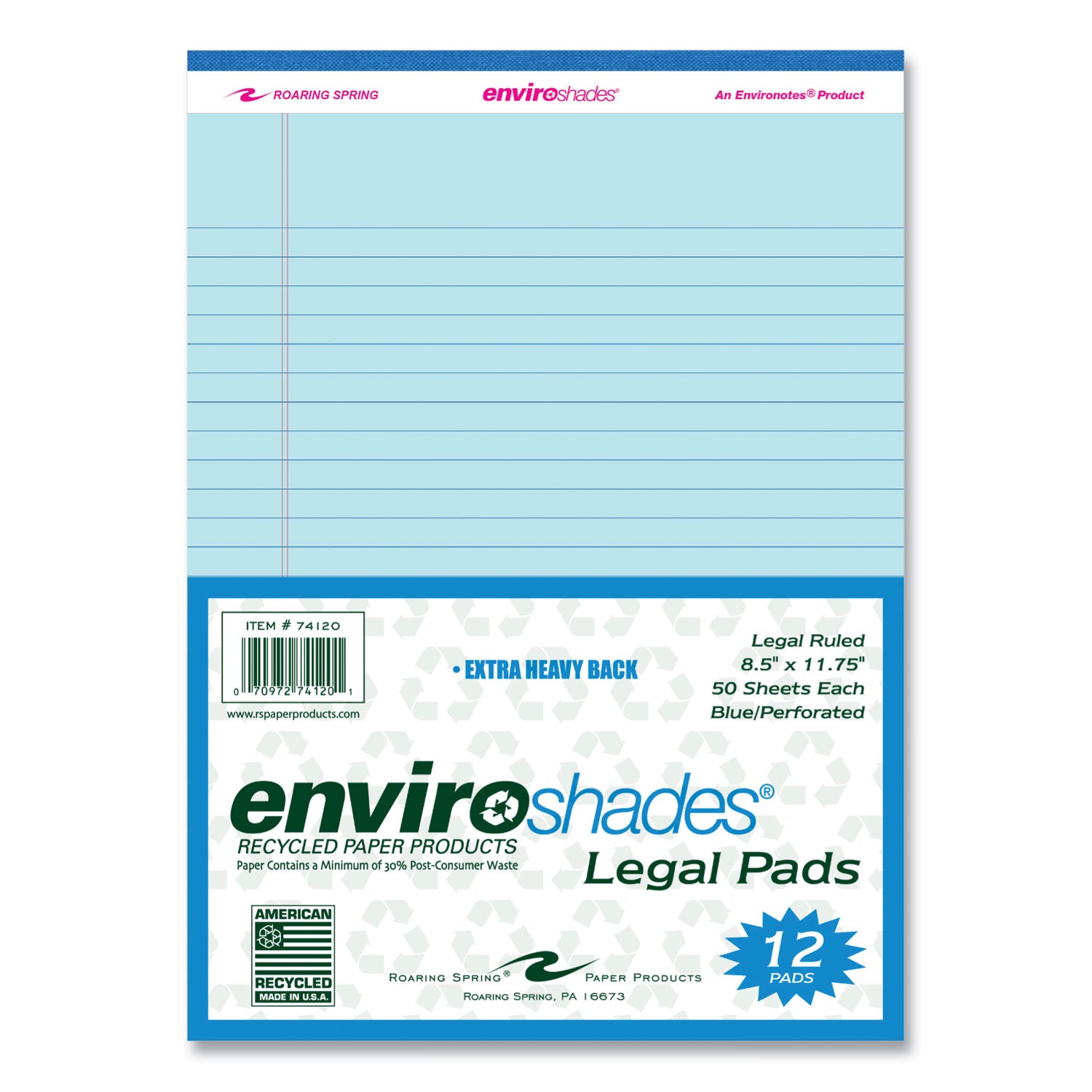 Roaring Spring® Enviroshades Legal Notepads, 50 Blue 8.5 x 11.75 Sheets, 36 Notepads/Carton