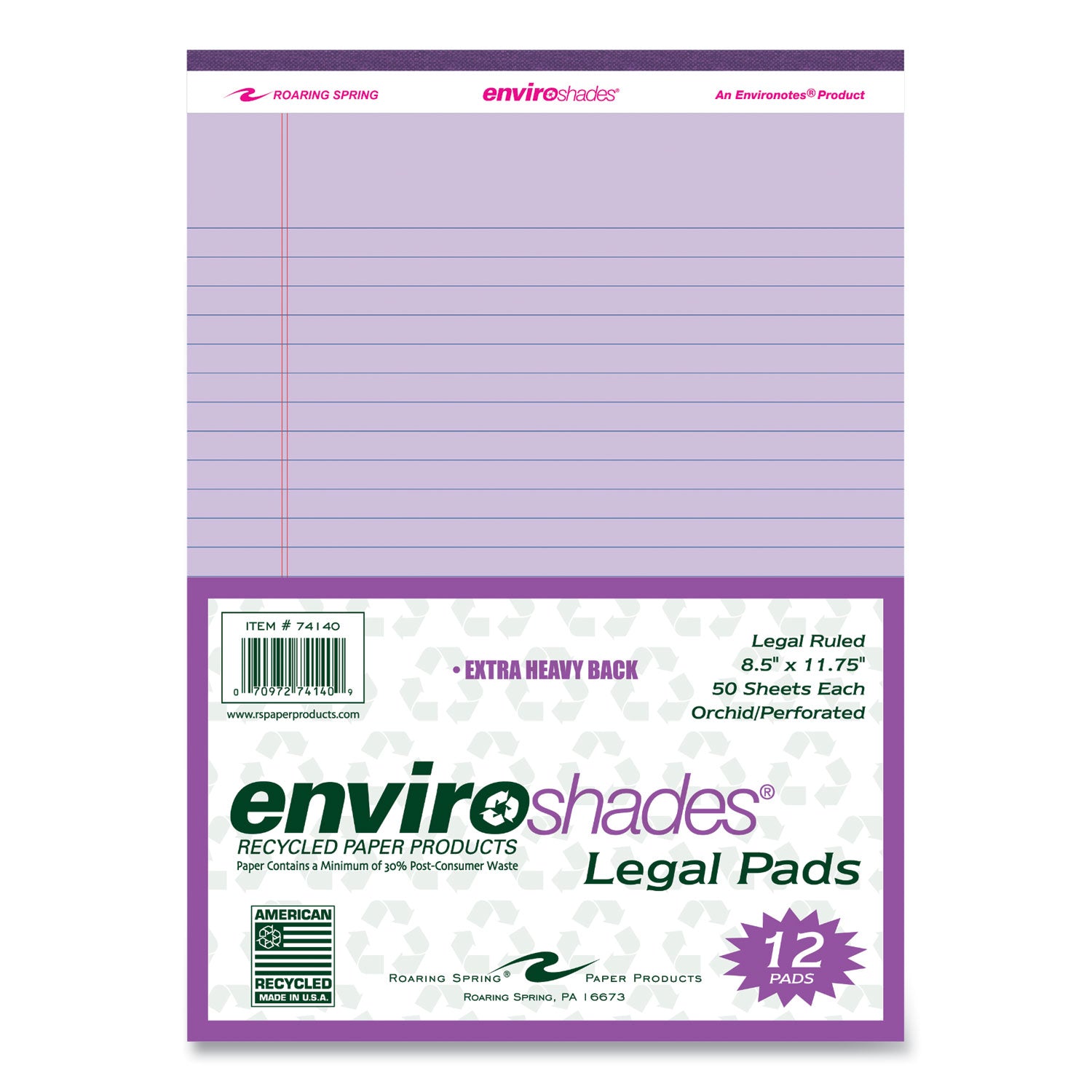 Roaring Spring® Enviroshades Legal Notepads, 50 Orchid 8.5 x 11.75 Sheets, 36 Notepads/Carton