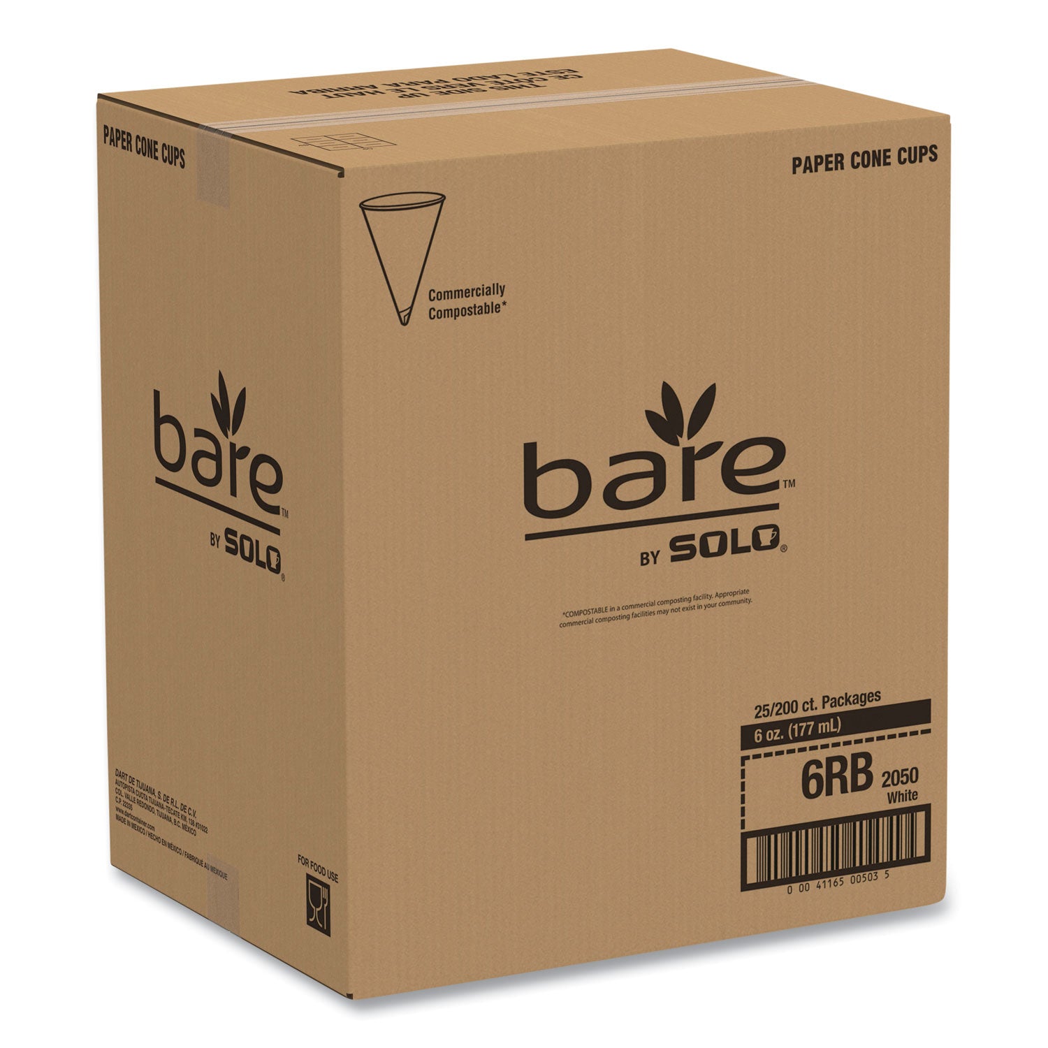 SOLO® Bare Eco-Forward Treated Paper Cone Cups, 6 oz, White, 200/Sleeve, 25 Sleeves/Carton