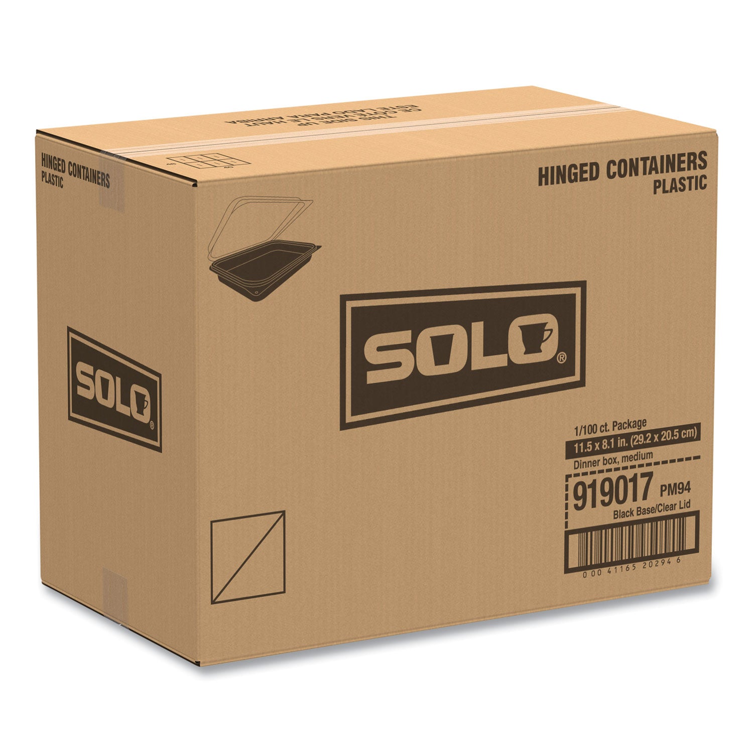 SOLO® Hinged-Lid Dinner Box, 64 oz, 11.5 x 8.1 x 3, Black/Clear, Plastic, 100/Carton