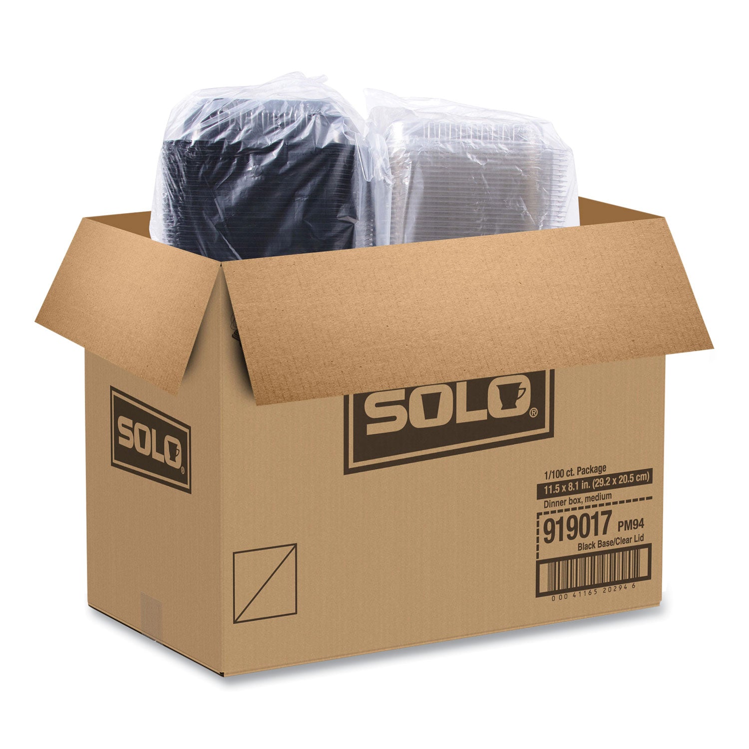 SOLO® Hinged-Lid Dinner Box, 64 oz, 11.5 x 8.1 x 3, Black/Clear, Plastic, 100/Carton