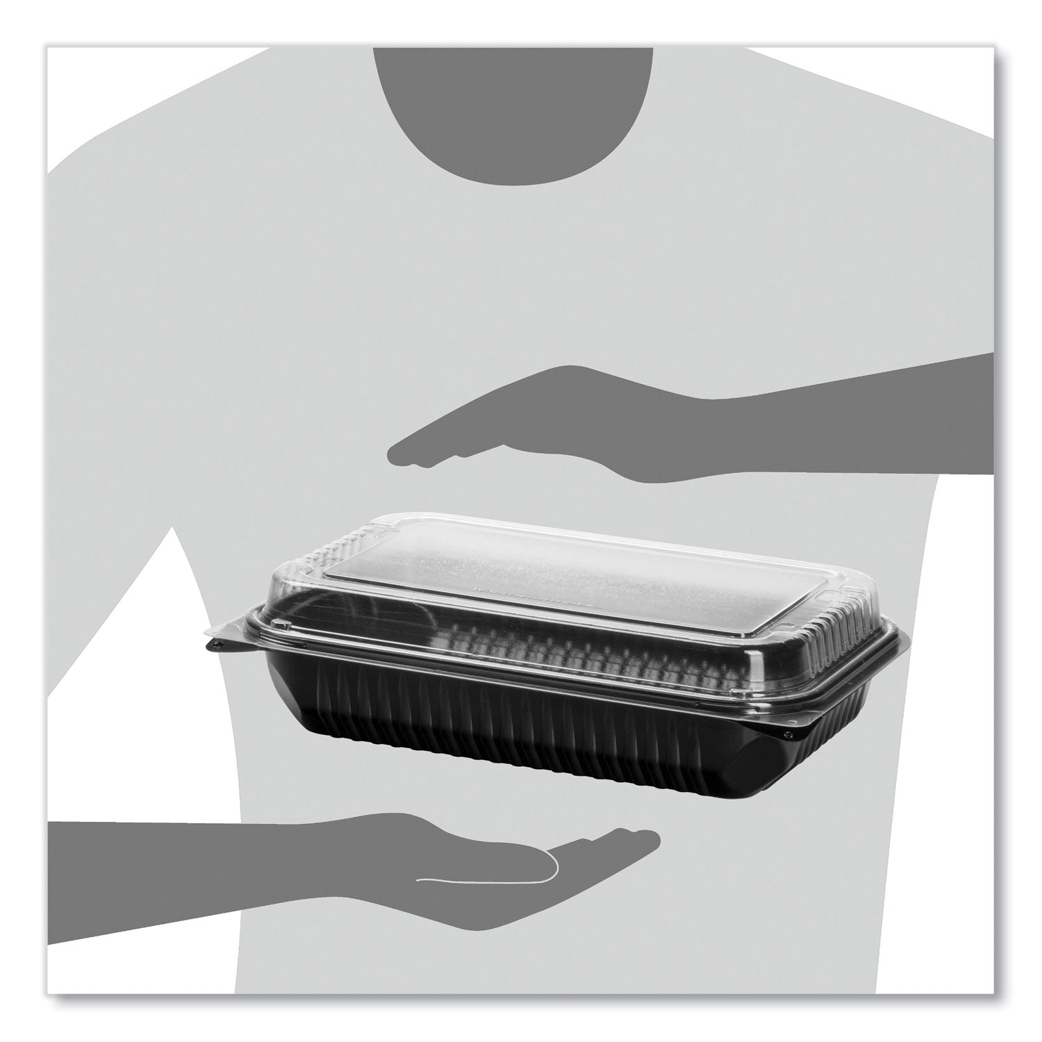 SOLO® Hinged-Lid Dinner Box, 64 oz, 11.5 x 8.1 x 3, Black/Clear, Plastic, 100/Carton