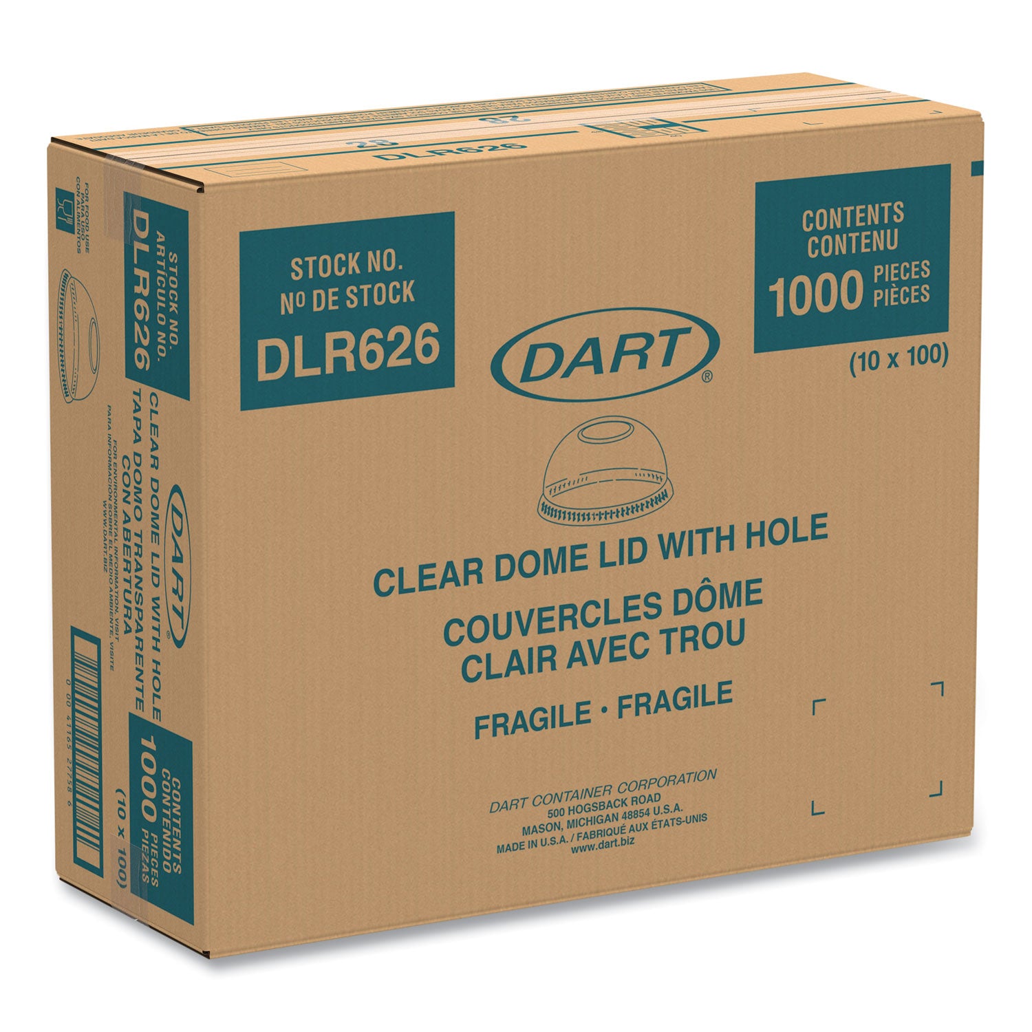 Dart® Ultra Clear Dome Cold Cup Lids, Fits 16 oz to 24 oz Cold Cups, Plastic, Clear, 100/Pack