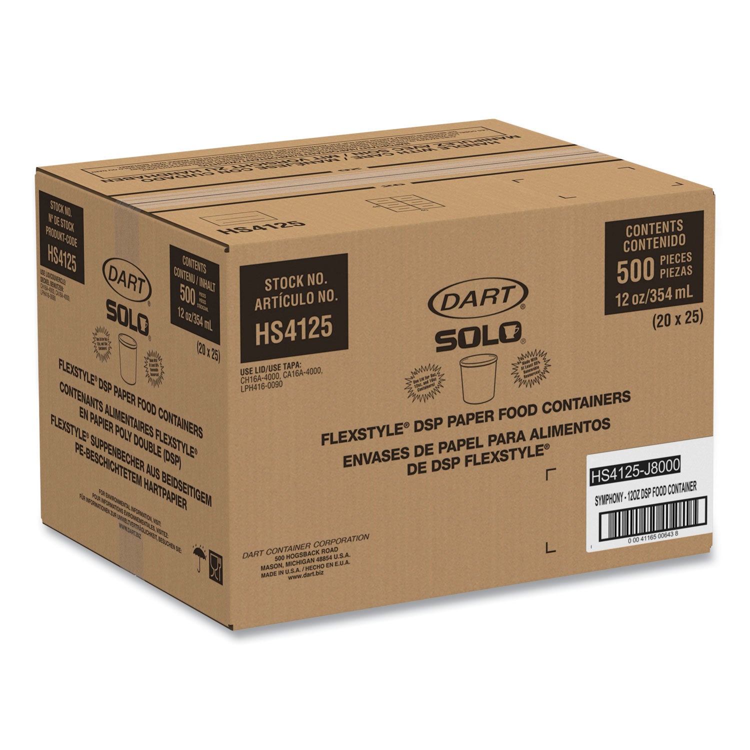 SOLO® Double Poly Paper Food Containers, 12 oz, 3.6" Diameter x 3.3" h, Symphony Design, 25/Pack, 20 Packs/Carton