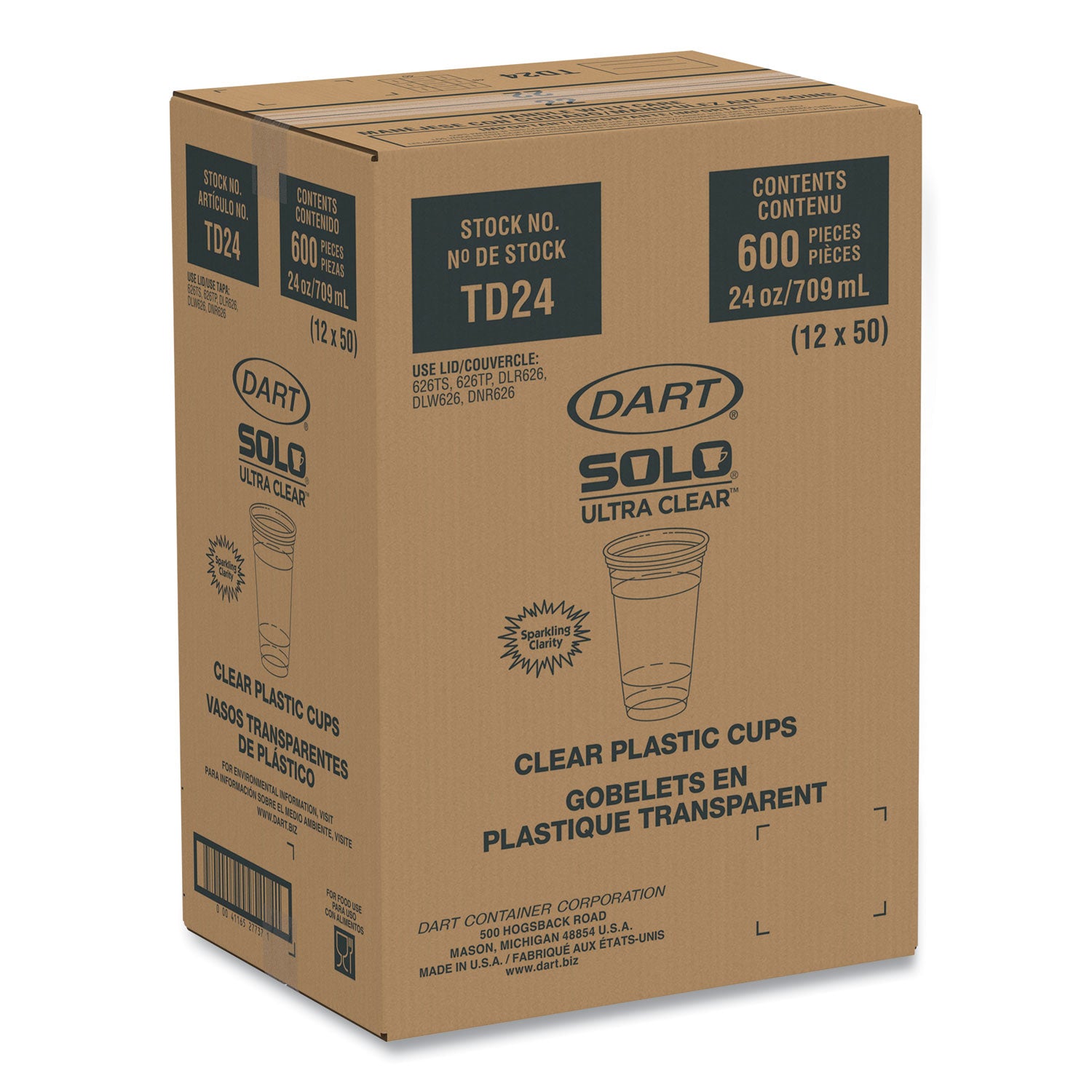 Dart® Ultra Clear PET Cold Cups, 24 oz, Plastic, Clear, 50/Sleeve, 12 Sleeves/Carton