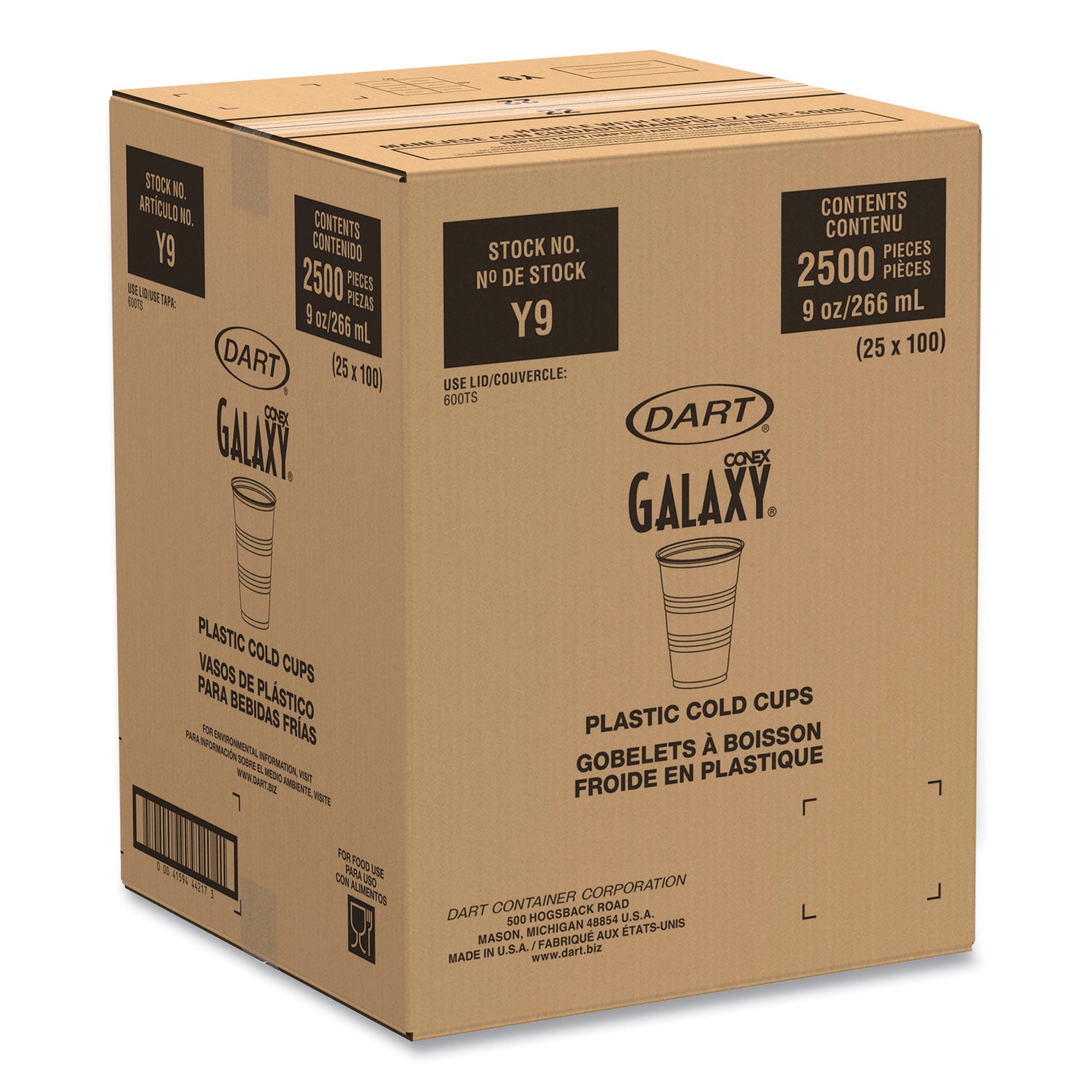 Dart® High-Impact Polystyrene Cold Cups, 9 oz, Plastic, Translucent, 100/Sleeve, 25 Sleeves/Carton