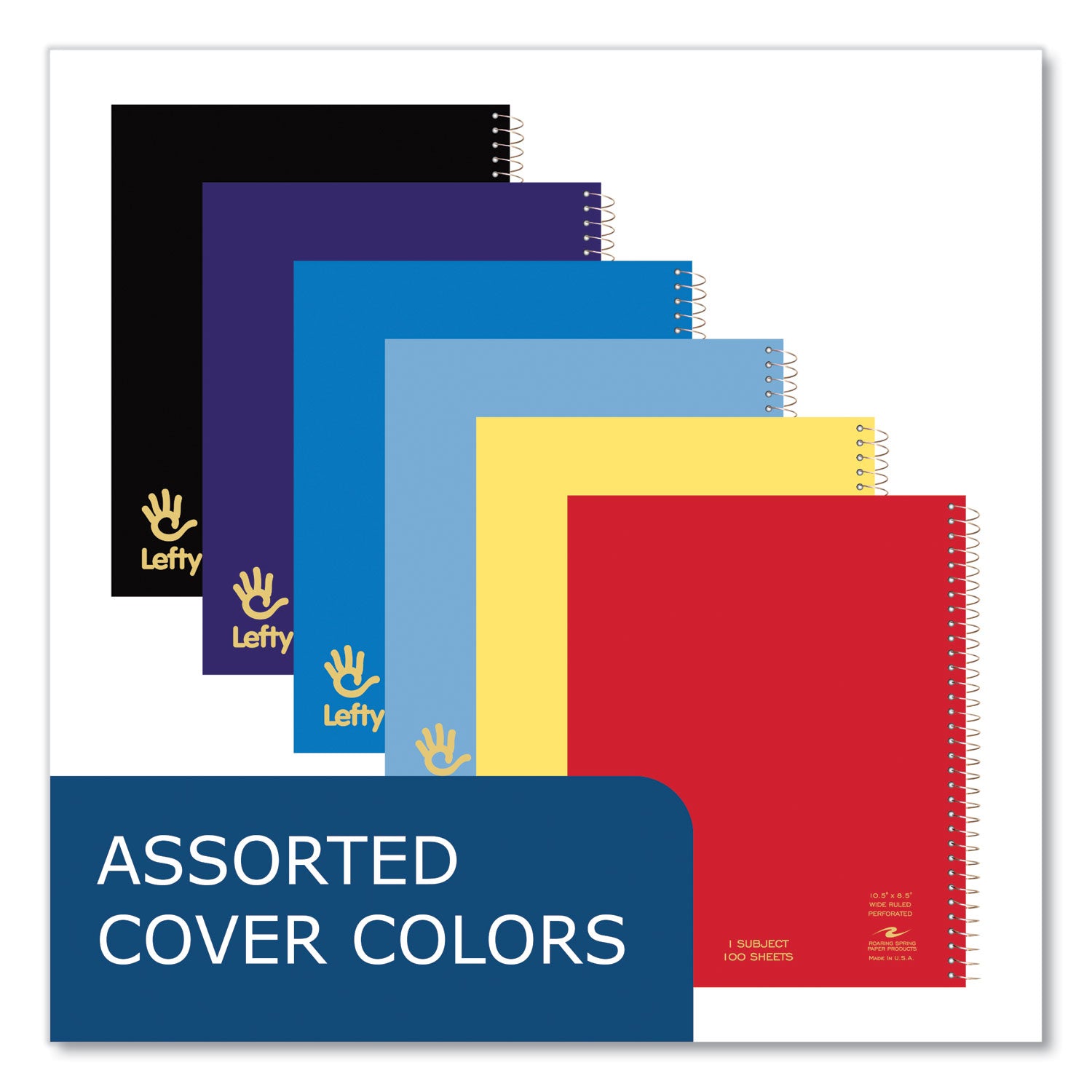 Roaring Spring® Lefty Notebook, 1-Subject, Wide/Legal Rule, Assorted Cover Colors, (100) 10.5 x 8.5 Sheets, 24/Carton