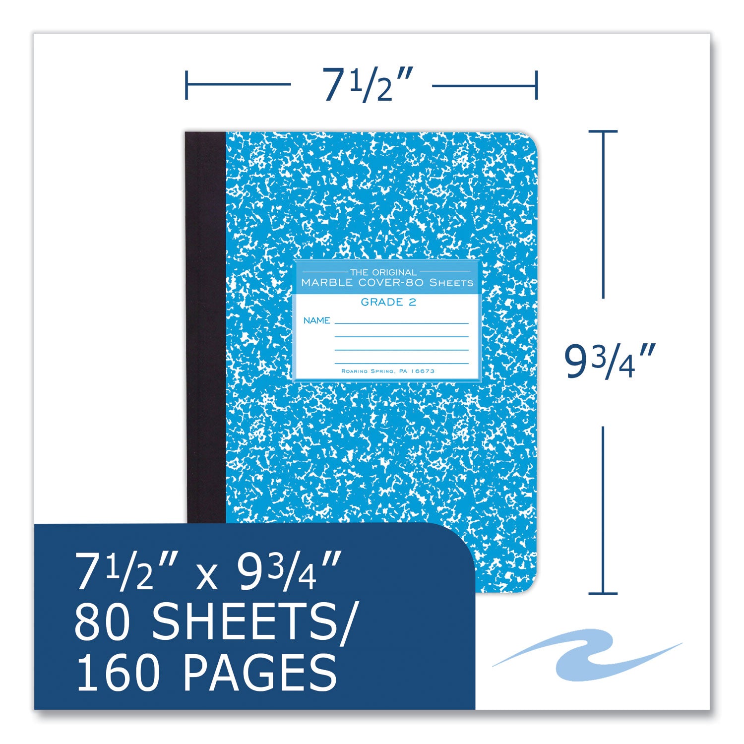 Roaring Spring® Ruled Composition Book, Grade 2 Manuscript Format, Blue Marble Cover, (80) 9.75 x 7.5 Sheets, 48/Carton