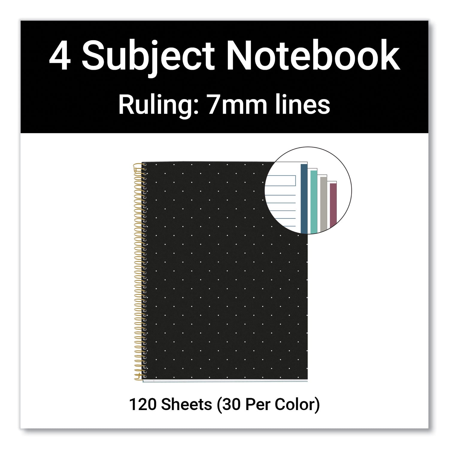 Roaring Spring® MR M Fashion Notebook, 4-Subject, Medium/College Rule, Black Dots Cover, (120) 11 x 8.5 Sheets, 5/Carton