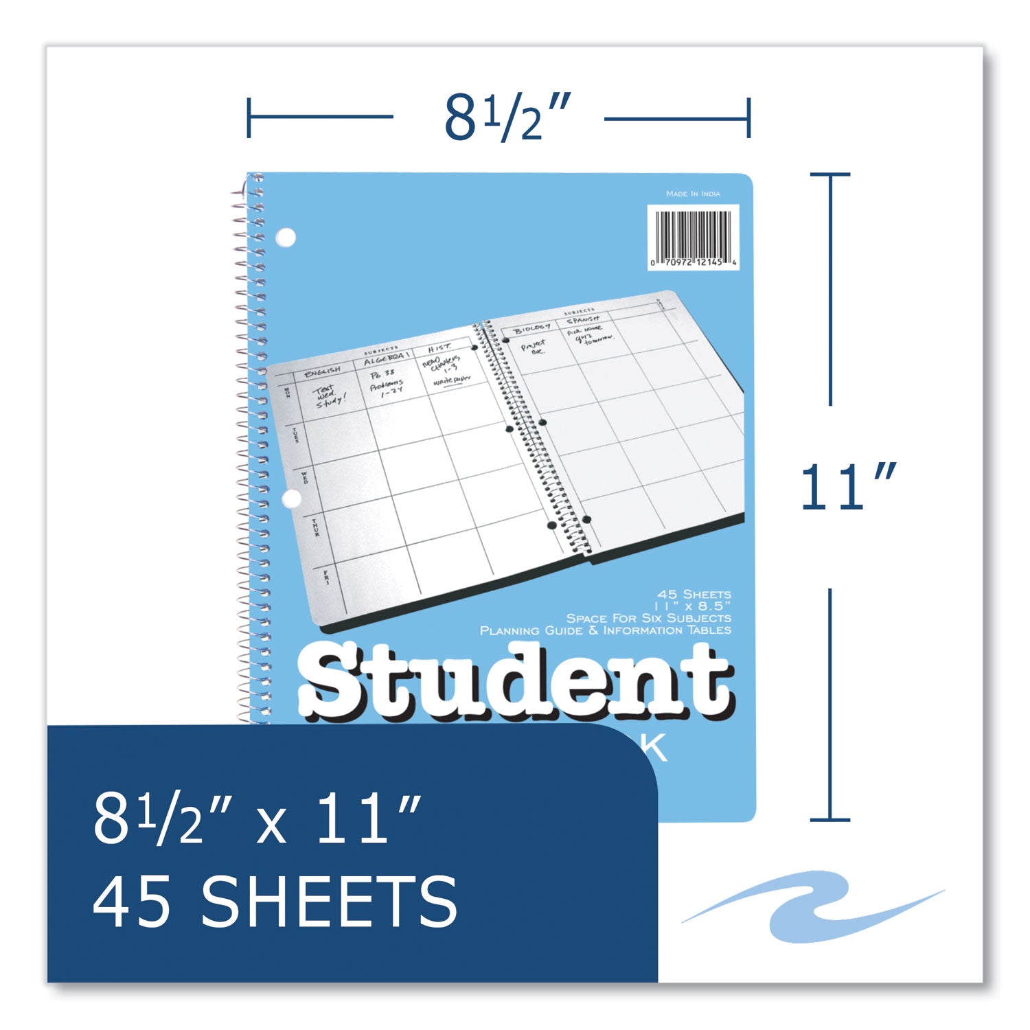 Roaring Spring® Student Plan Book, Undated, Light Blue Cover, (45) 11 x 8.5 Sheets, 24/Carton