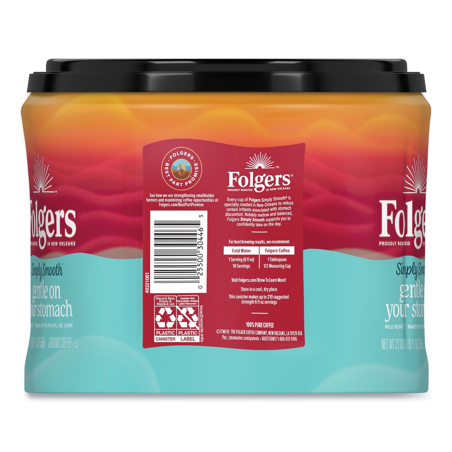 Folgers® Simply Smooth Ground Coffee, Gentle On Your Stomach, 27 oz Canister, 6/Carton
