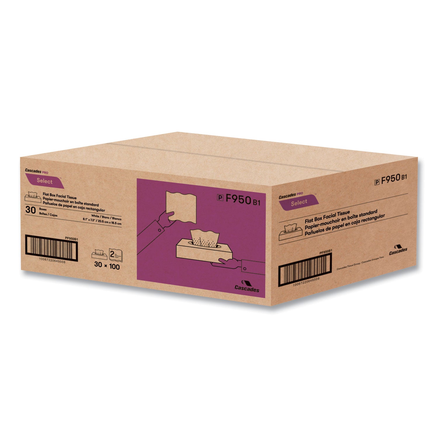Cascades PRO Select Flat Box Facial Tissue, 2-Ply, White, 100 Sheets/box, 30 Boxes/carton