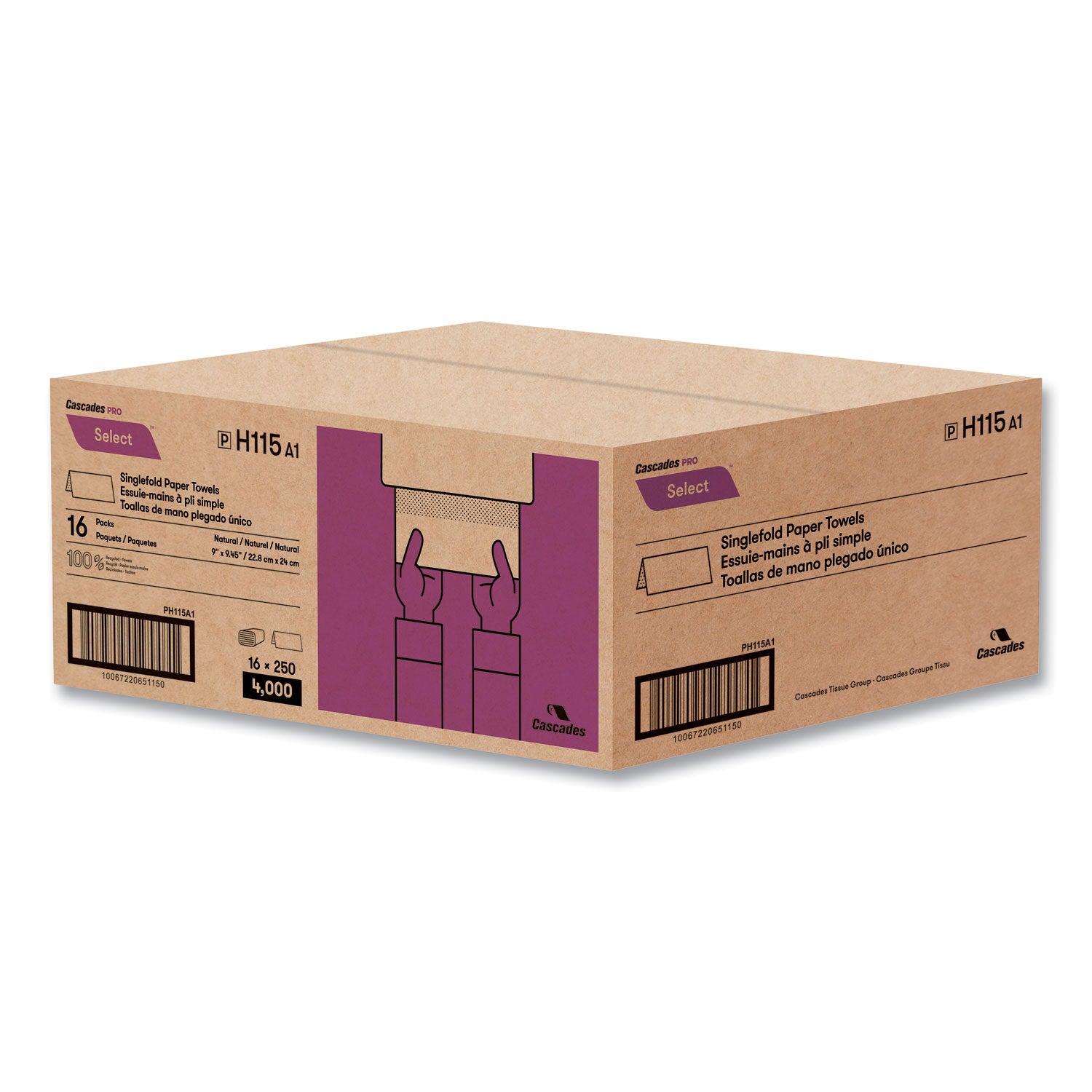 Cascades PRO Select Folded Paper Towels, Single-Fold, 1-Ply, 9 x 9.45, Natural Brown, 250/Pack, 16 Packs/Carton