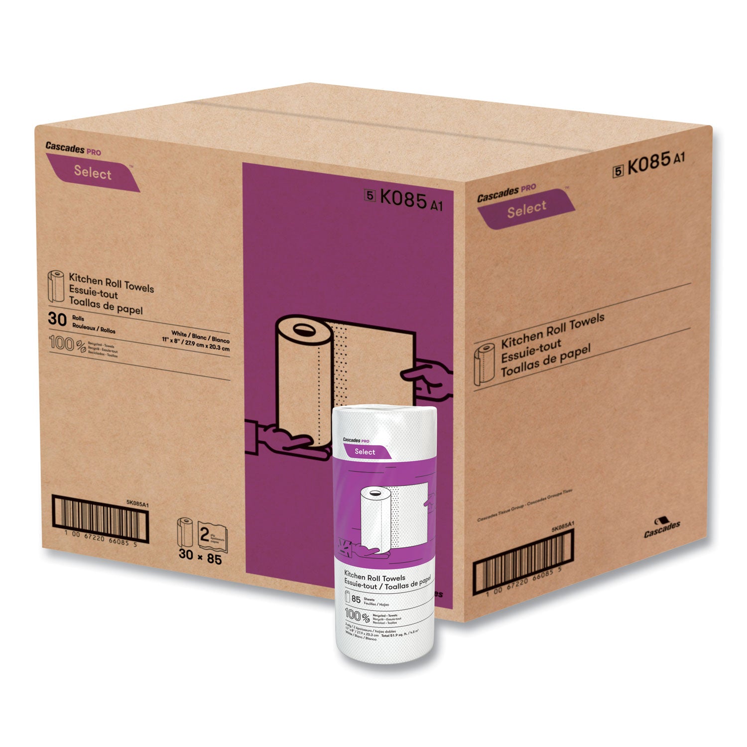 Cascades PRO Select Kitchen Roll Towels, 2-Ply, 8 X 11, 85/roll, 30/carton