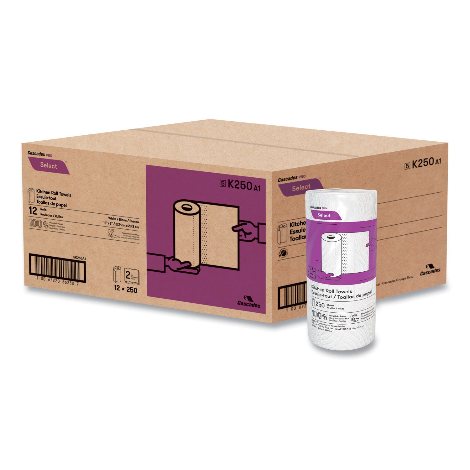 Cascades PRO Select Kitchen Roll Towels, 2-Ply, 8 X 11, 250/roll, 12/carton