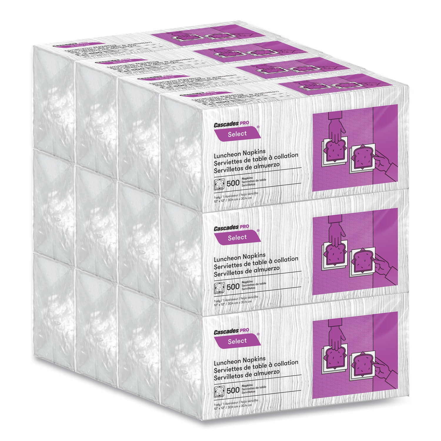 Cascades PRO Select Luncheon Napkins, 1 Ply, 12 x 12, White, 500/Pack, 6,000/Carton