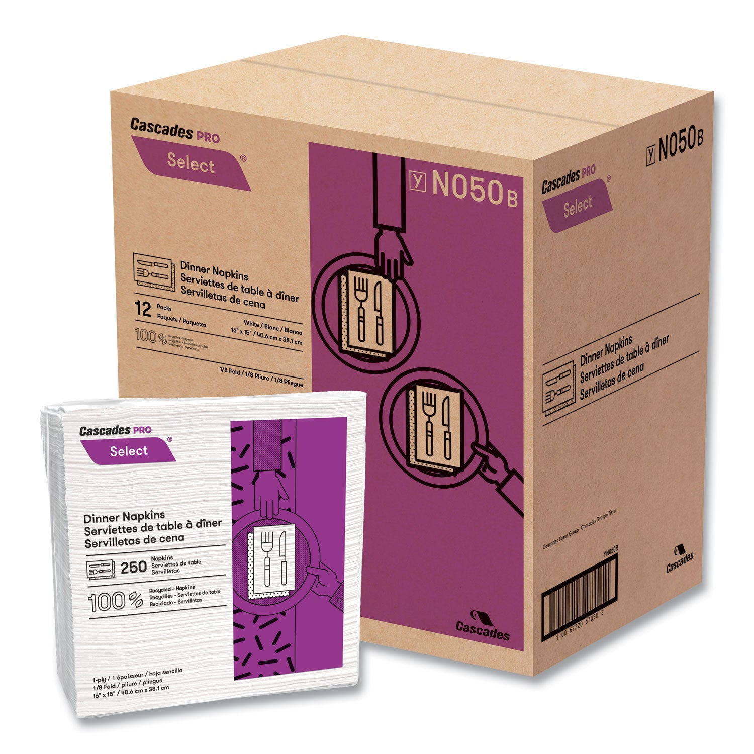 Cascades PRO Select Dinner Napkins, 1-Ply, White, 15.5 X 16, 250/pack, 12/carton