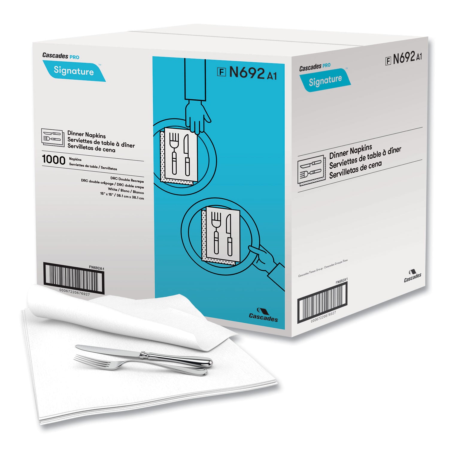 Cascades PRO Select Dinner Napkins, 1-Ply, 15 X 15, White, 1000/carton