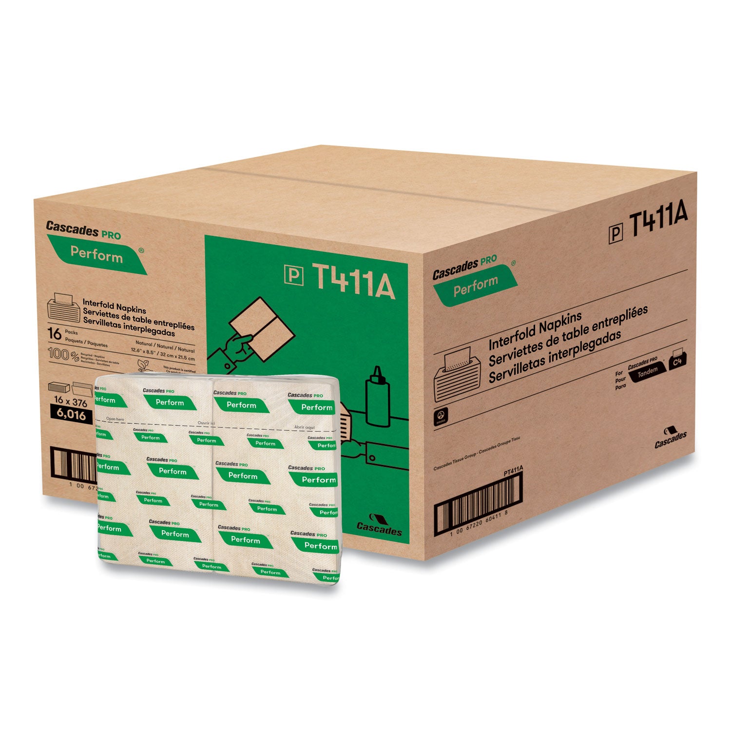 Cascades PRO Perform Interfold Napkins, 1-Ply, 6.5 X 4.25, Natural, 376/pack, 16 Packs/carton