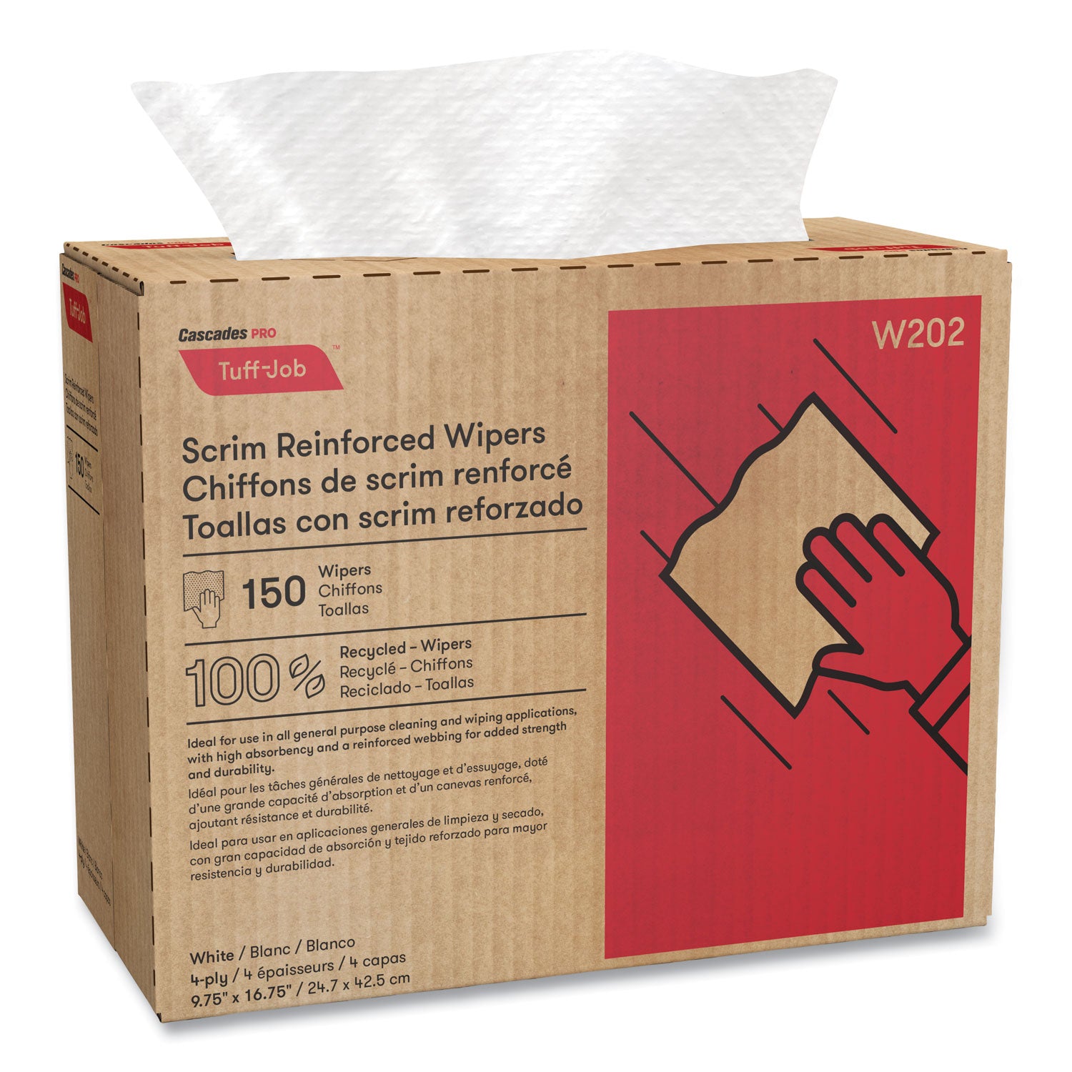 Cascades PRO Tuff-Job Scrim Reinforced Wipers, 4-Ply, 9.75 x 16.75, White, 150/Box, 6 Box/Carton