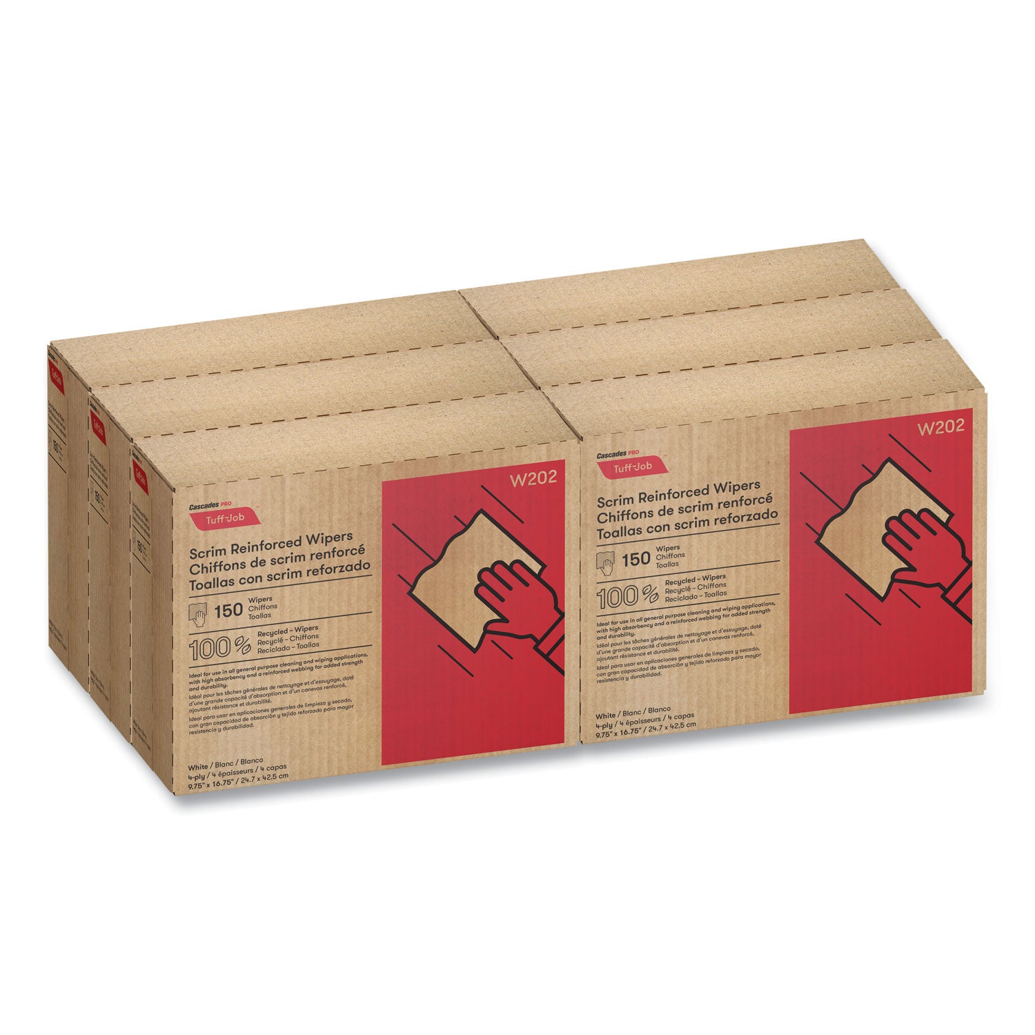 Cascades PRO Tuff-Job Scrim Reinforced Wipers, 4-Ply, 9.75 x 16.75, White, 150/Box, 6 Box/Carton