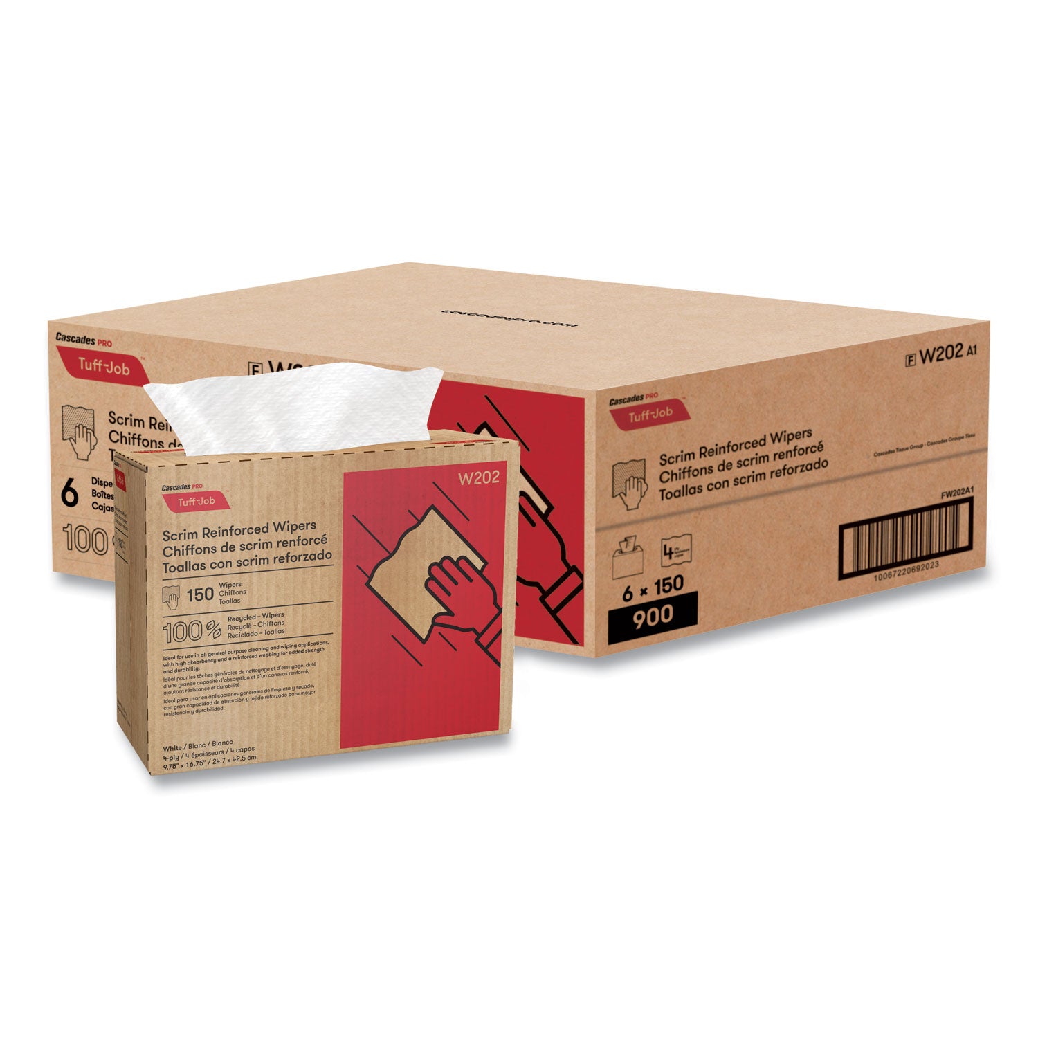 Cascades PRO Tuff-Job Scrim Reinforced Wipers, 4-Ply, 9.75 x 16.75, White, 150/Box, 6 Box/Carton