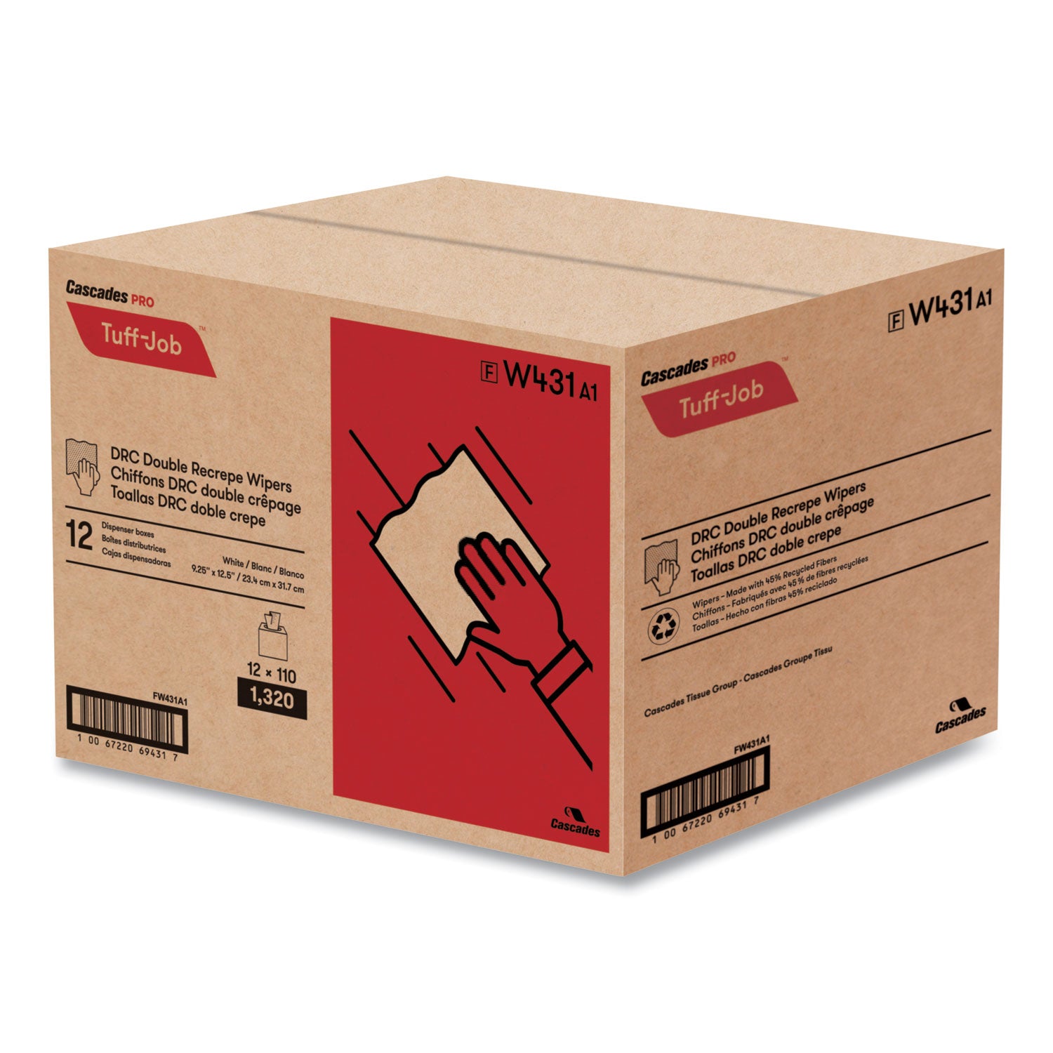 Cascades PRO Tuff-Job Double Recrepe Wipers, 9.25 x 12.5, White, 110/Box, 12 Boxes/Carton