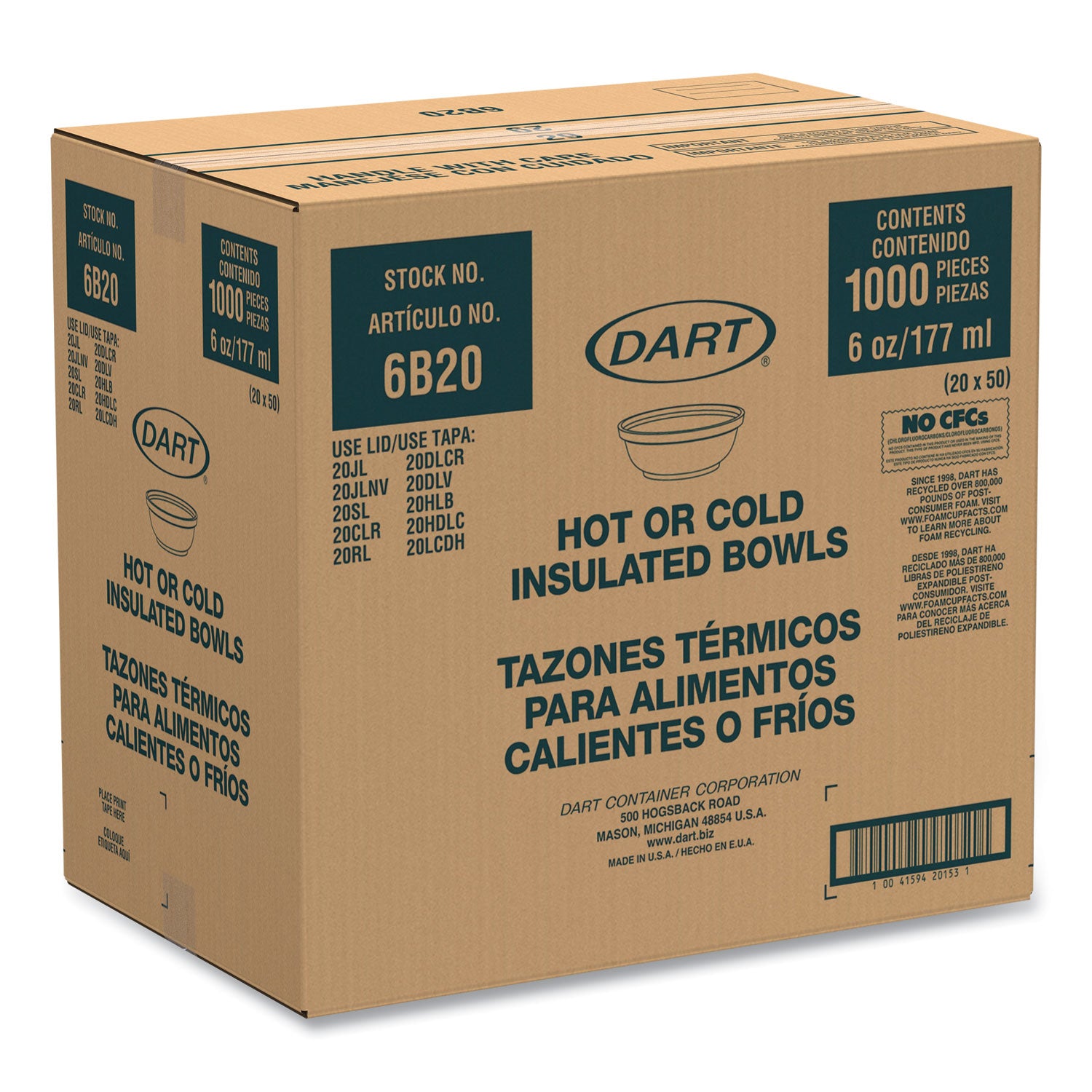 Dart® Insulated Foam Bowls, 6 Oz, White, 50/pack, 20 Packs/carton