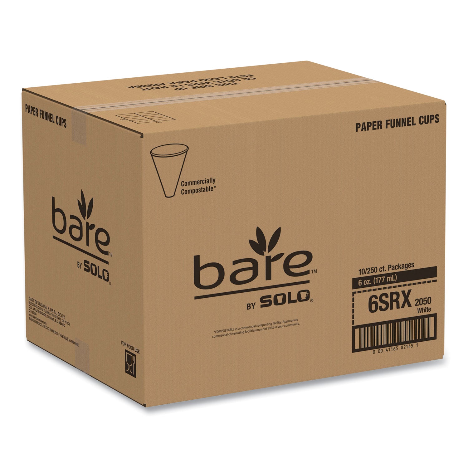 SOLO® Bare Eco-Forward Treated Paper Funnel Cups, 6 oz, White, 250/Bag, 10/Carton