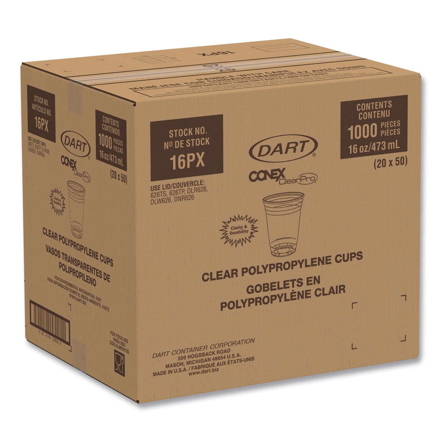 Dart® Conex ClearPro Plastic Cold Cups, 16 oz, Clear, 50/Pack, 20 Packs/Carton