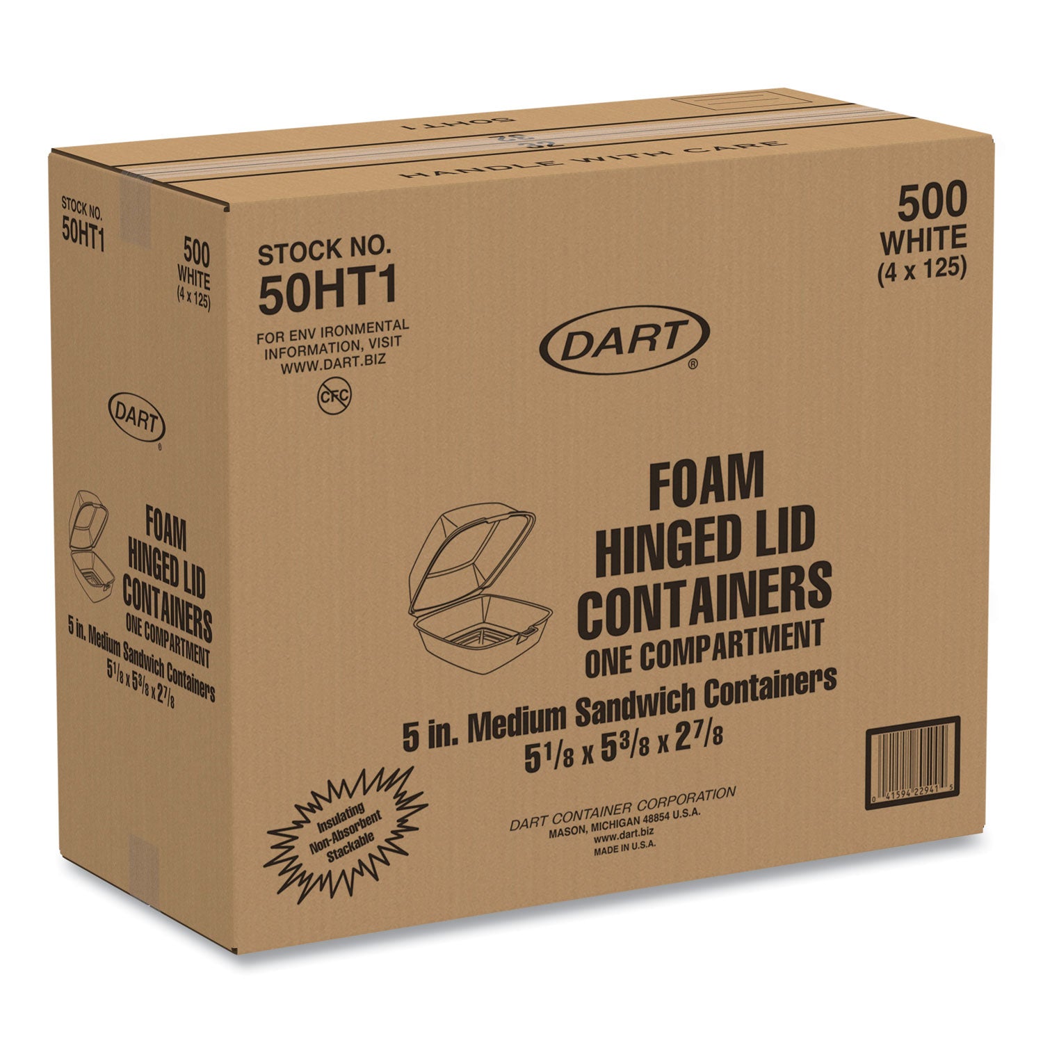 Dart® Foam Hinged Lid Containers, 5.38 X 5.5 X 2.88, White, 500/carton