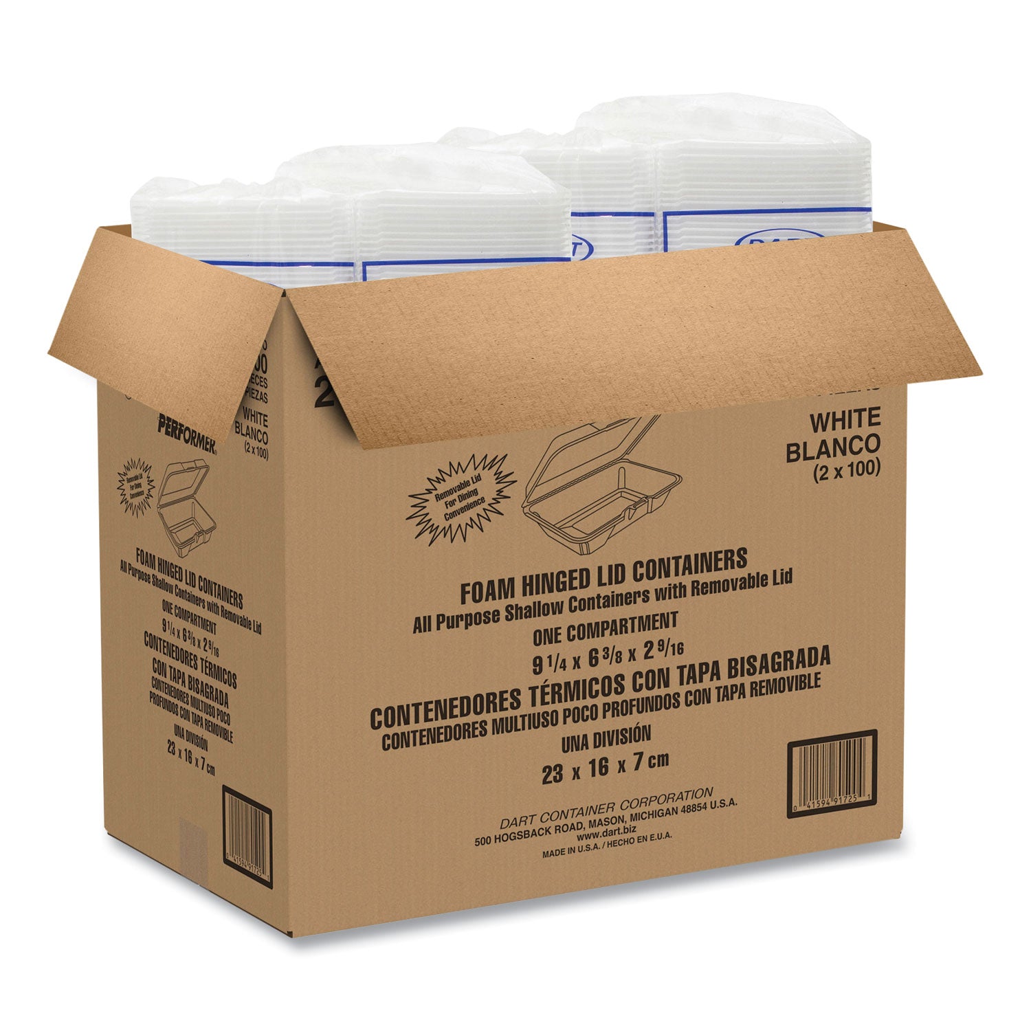Dart® Foam Hinged Lid Containers, 6.4 X 9.3 X 2.6, White, 200/carton