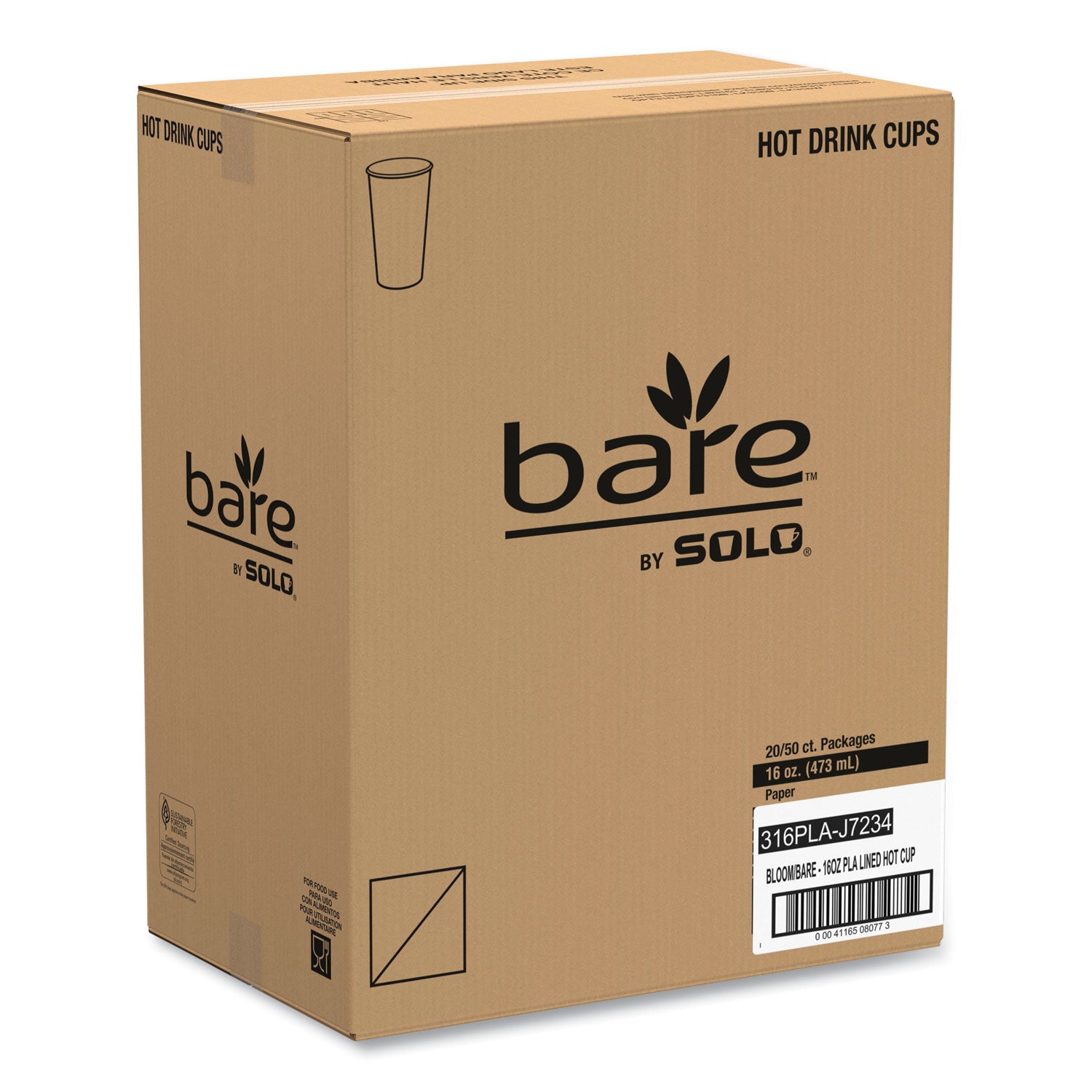 SOLO® Bare Eco-Forward PLA Paper Hot Cups, 16 oz, White/Green/Orange, 1,000/Carton