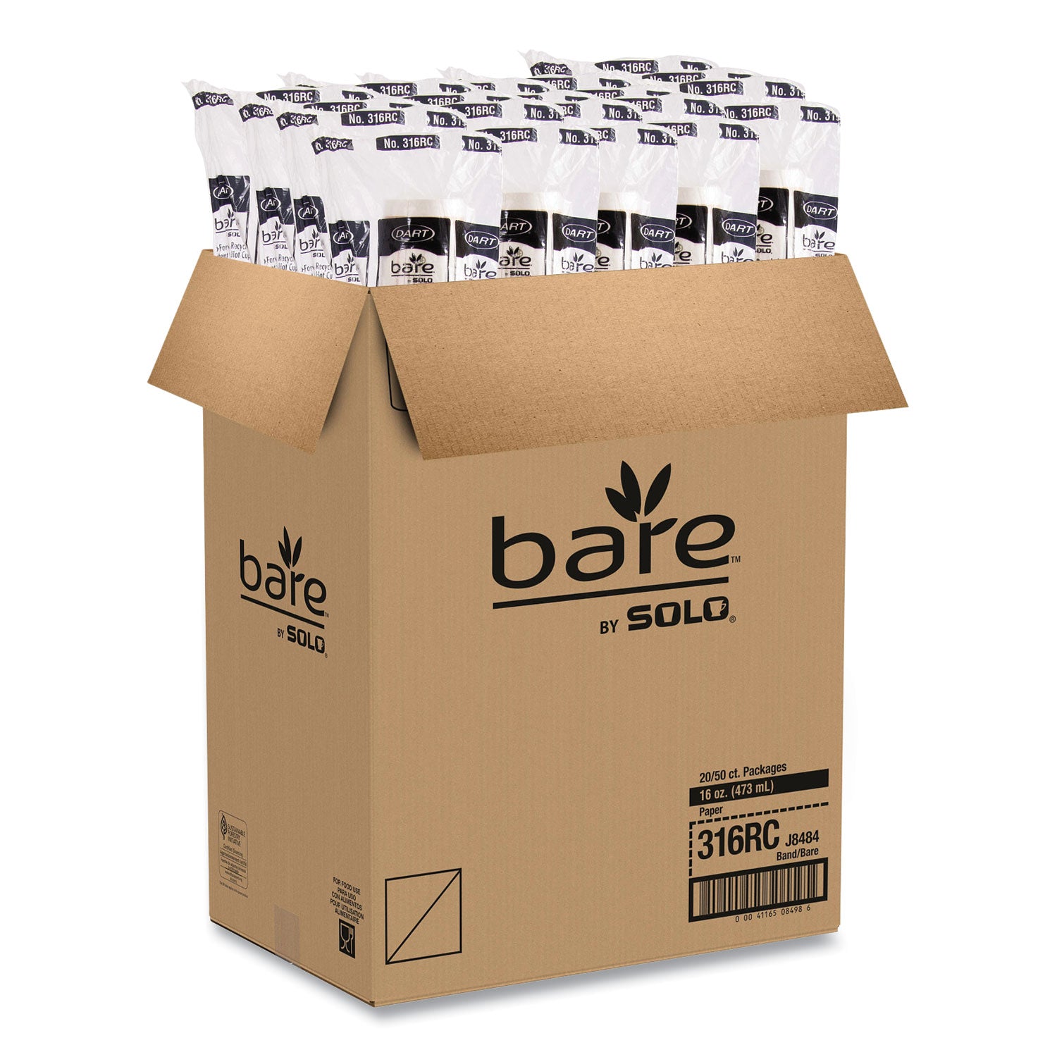 SOLO® Bare Eco-Forward Recycled Content PCF Paper Hot Cups, 16 oz, Green/White/Beige, 1,000/Carton