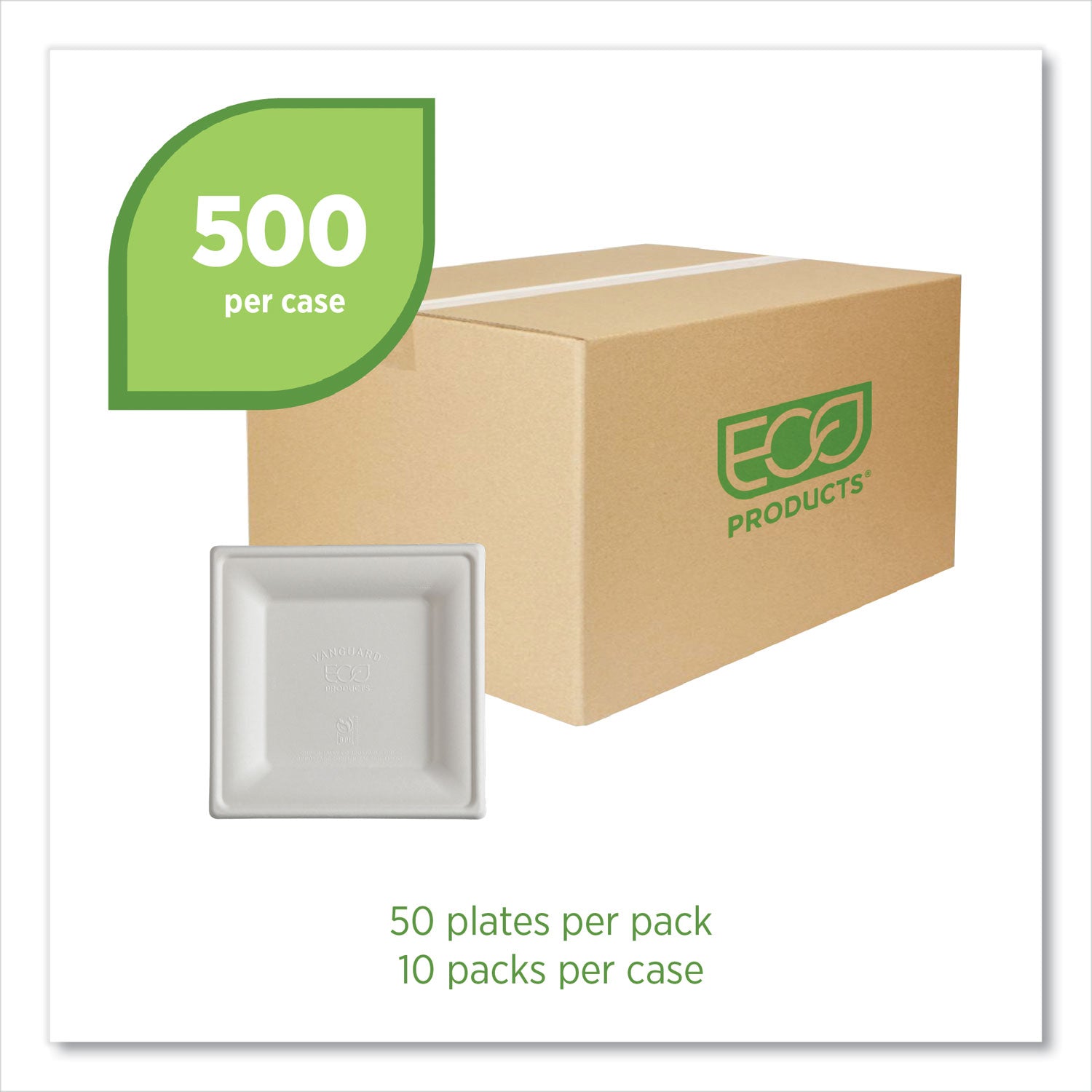 Eco-Products® Vanguard Renewable and Compostable Sugarcane Plates, 6 x 6, White, 500/Carton