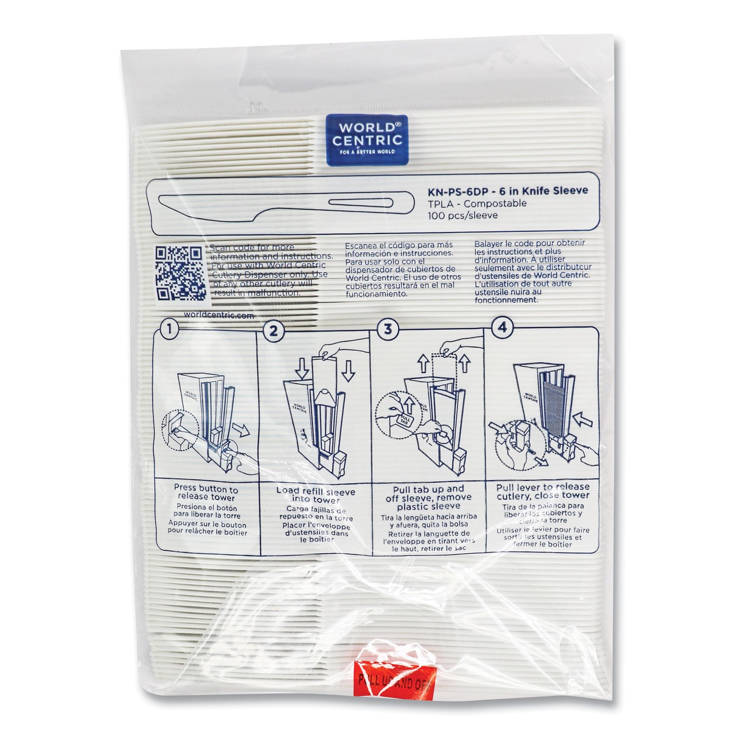 World Centric® Cutlery Dispenser Refills, Knife, Plastic, White, 100/Bag, 10 Bags/Carton