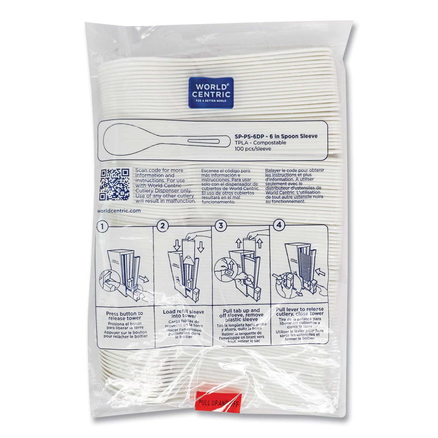World Centric® Cutlery Dispenser Refills, Spoon, Plastic, White, 100/Bag, 10 Bags/Carton