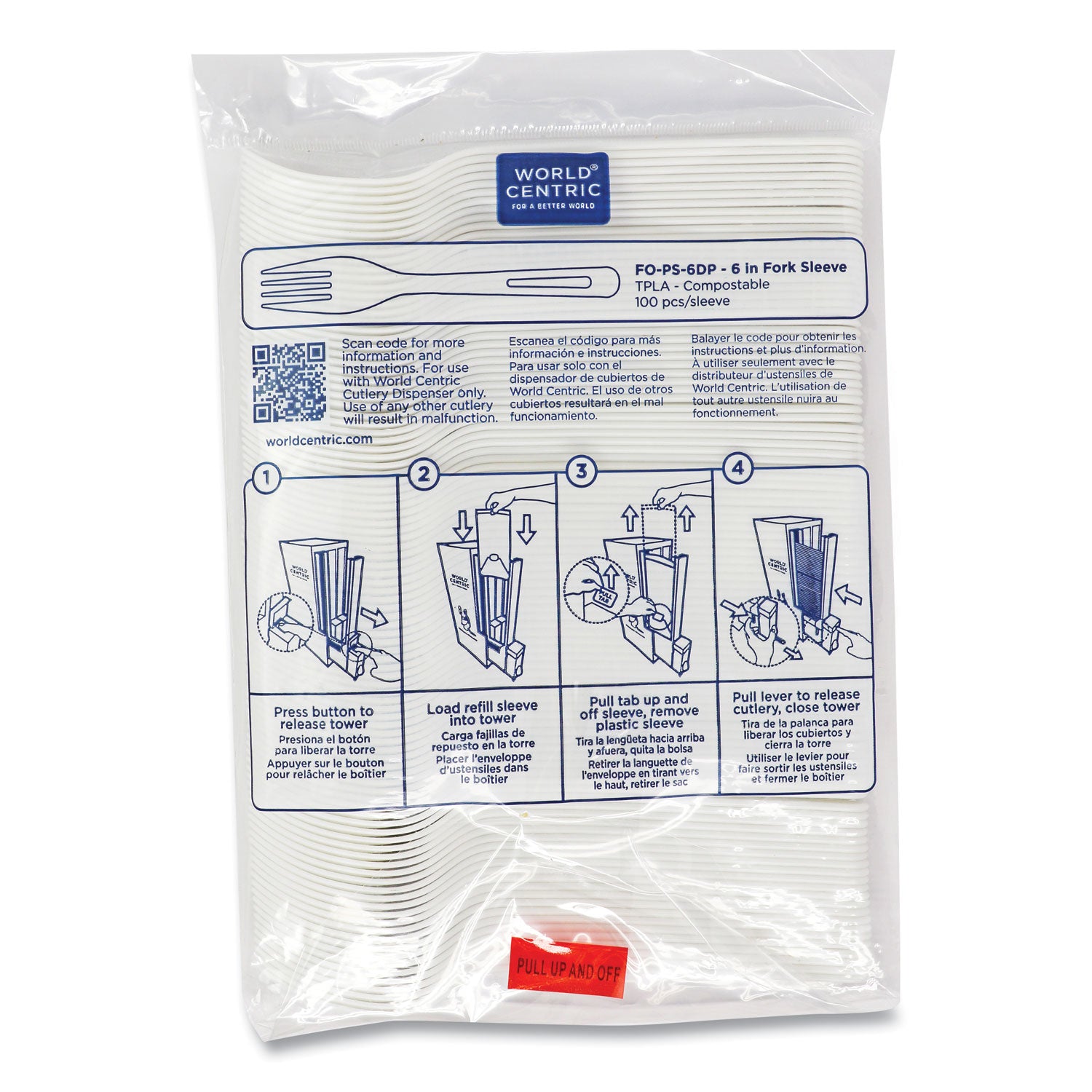 World Centric® Cutlery Dispenser Refills, Fork, Plastic, White, 100/Bag, 10 Bags/Carton