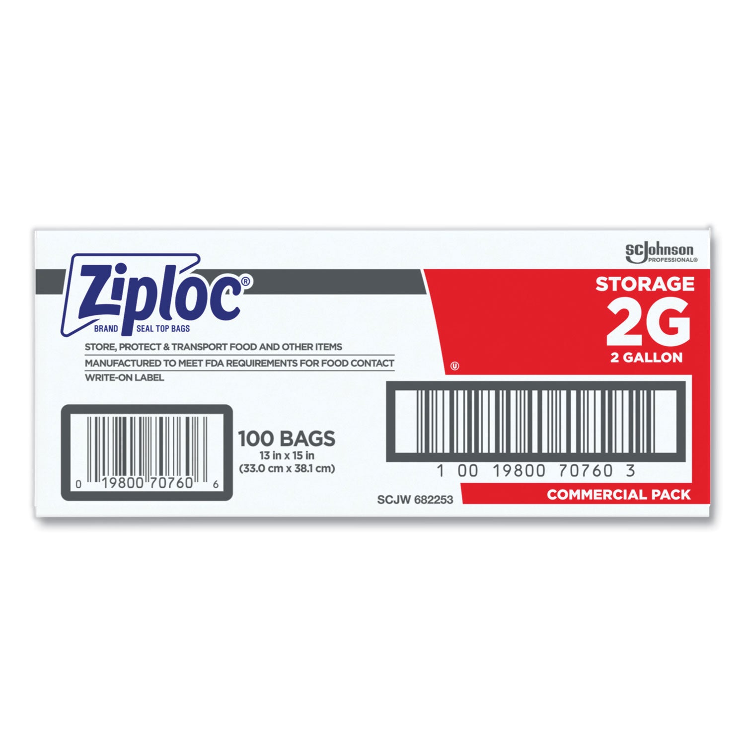 Ziploc® Double Zipper Storage Bags, 2 Gallon, 15" x 13", Clear, 100/Carton