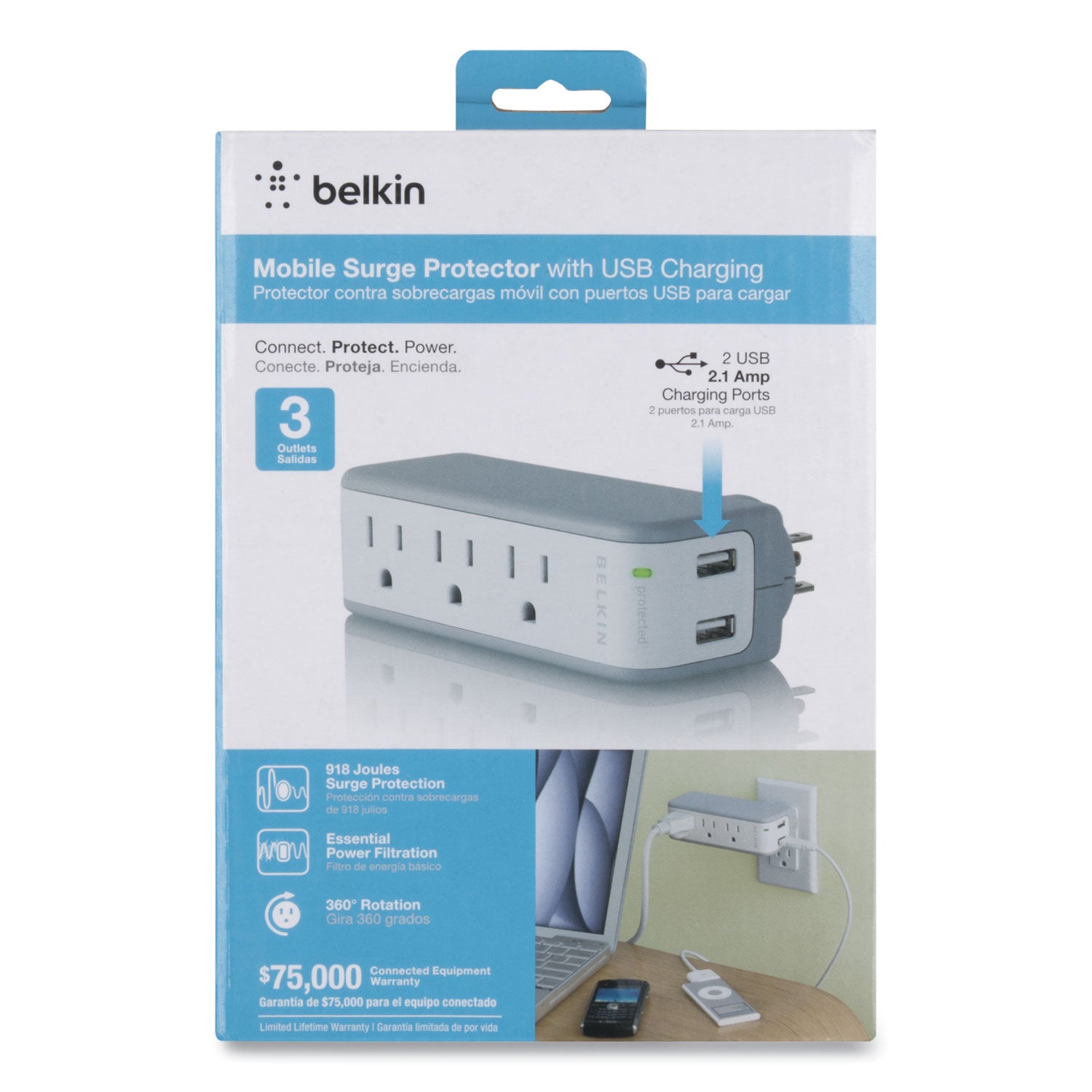 Belkin® SurgePlus USB Swivel Charger, 3 AC Outlets/2 USB Ports, 918 J, White