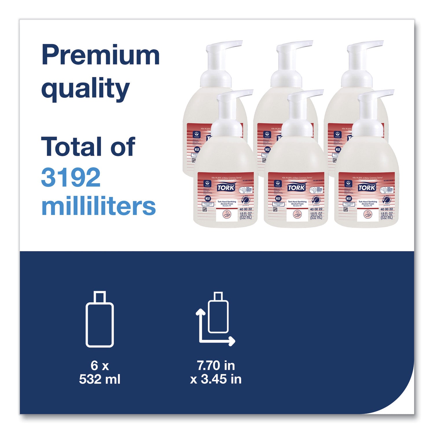 Tork® Alcohol Foam Hand Sanitizer, 18 oz Pump Bottle, Unscented, 6/Carton