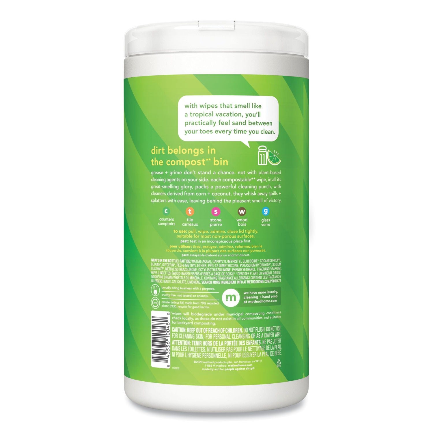 Method® All Purpose Cleaning Wipes, 1 Ply, Lime and Sea Salt, White, 70/Canister, 6/Carton