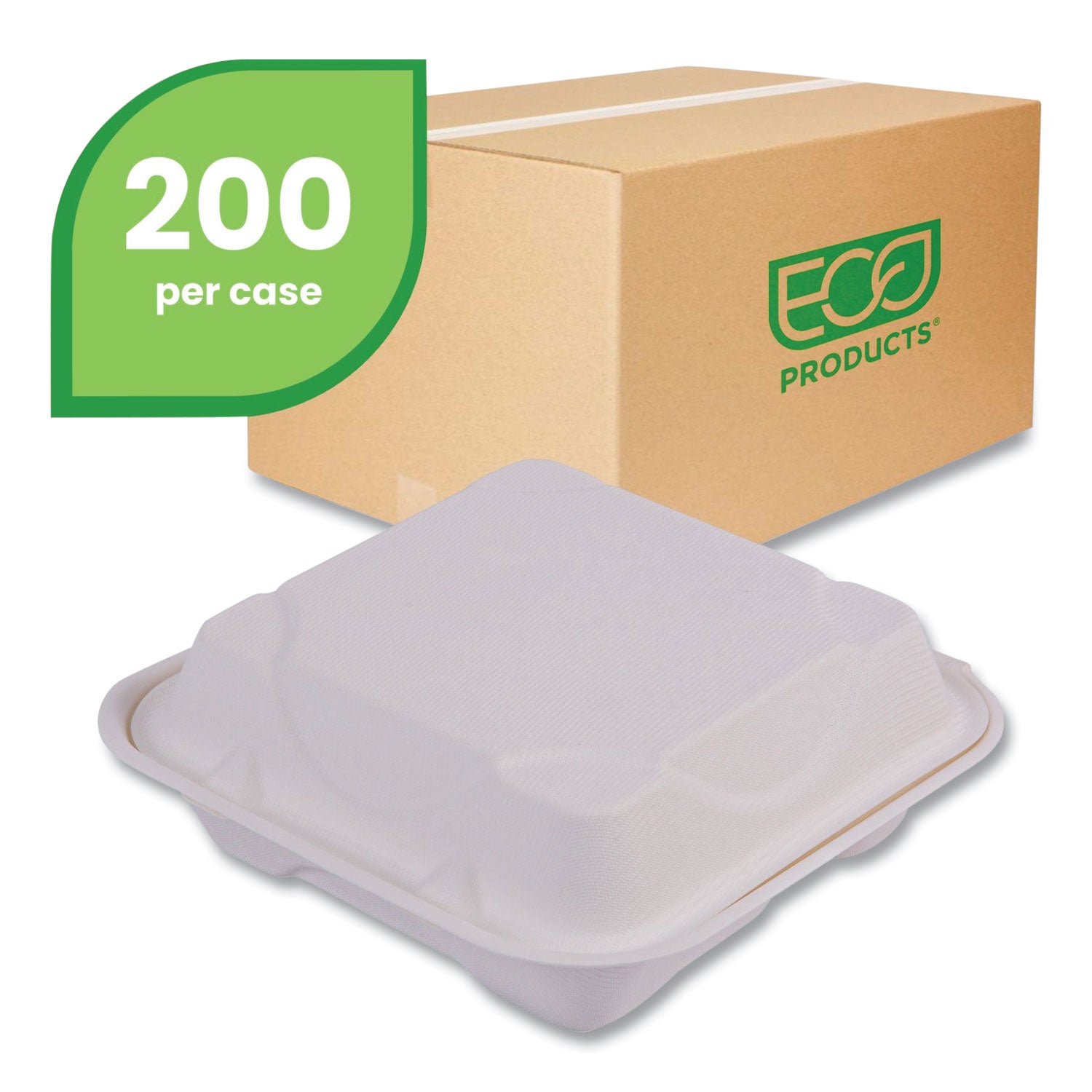 Eco-Products® Vanguard Renewable and Compostable Sugarcane Clamshells, 3 Compartments, 8 x 8 x 3, White, 200/Carton