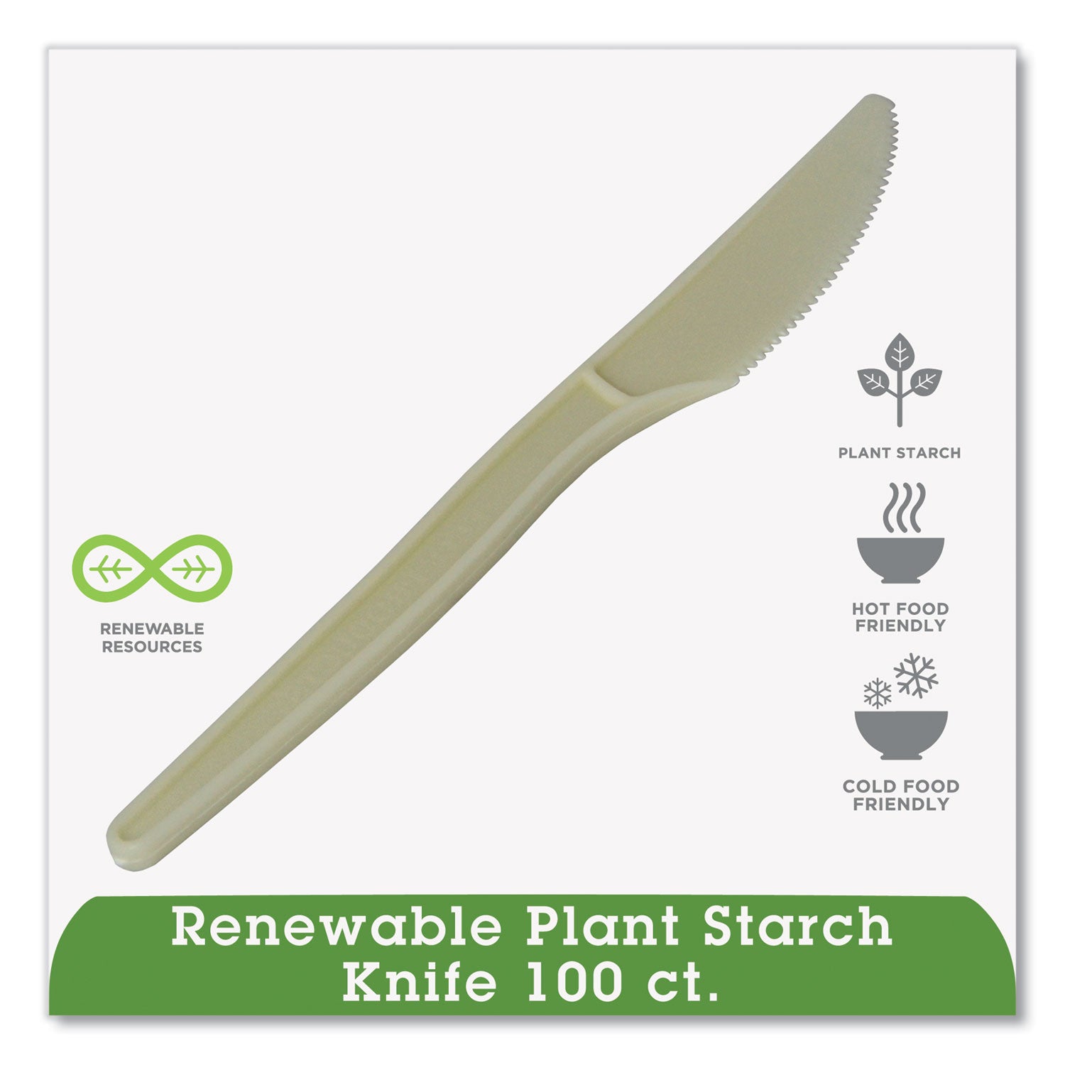 WNA EcoSense Renewable Plant Starch Cutlery, Knife, Plastic, Cream, 50/Pack
