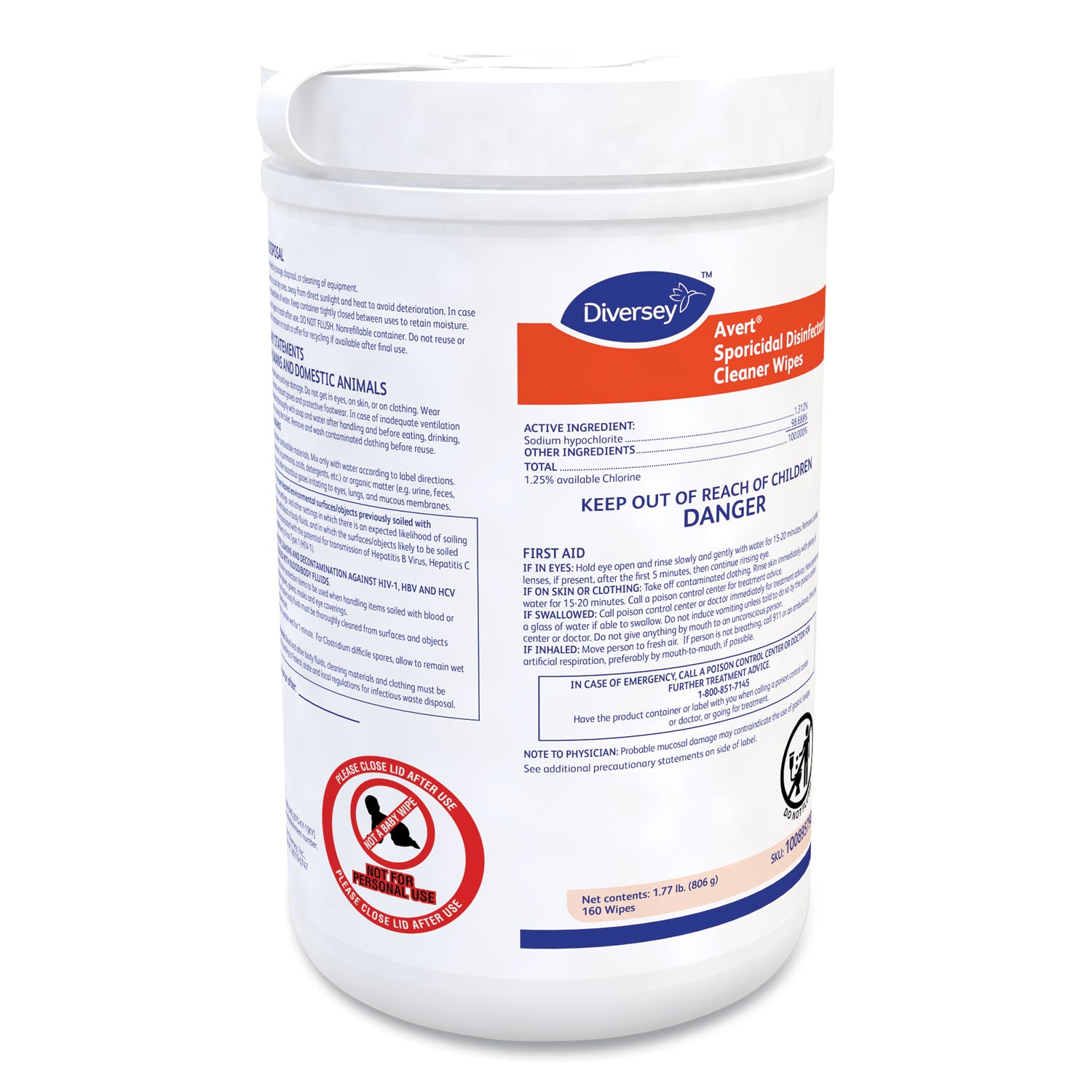 Diversey™ Avert Sporicidal Disinfectant Cleaner Wipes, 6 x 7, Chlorine Scent, 160/Canister, 12/Carton