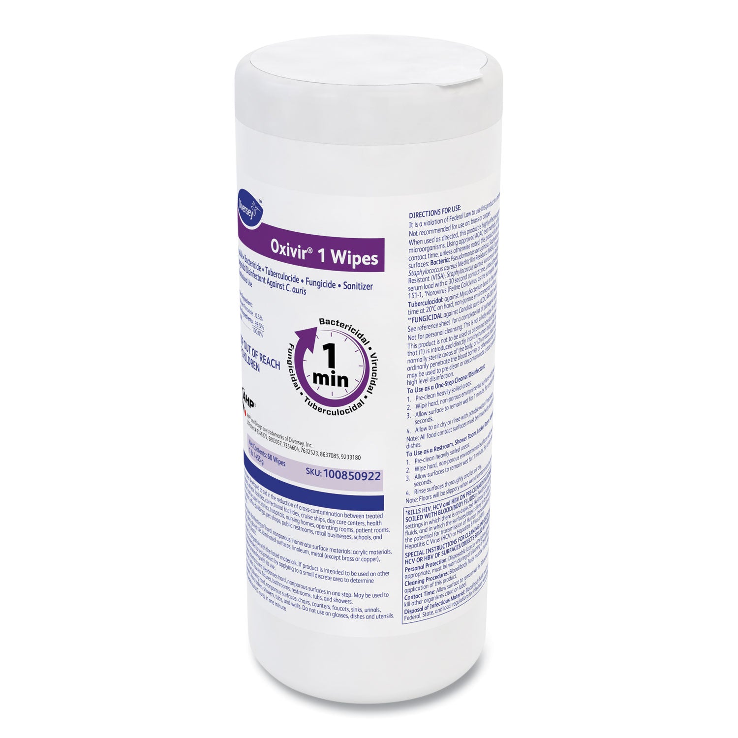Diversey™ Oxivir 1 Wipes, 1-Ply, 7 x 8, 60/Canister, 12 Canisters/Carton