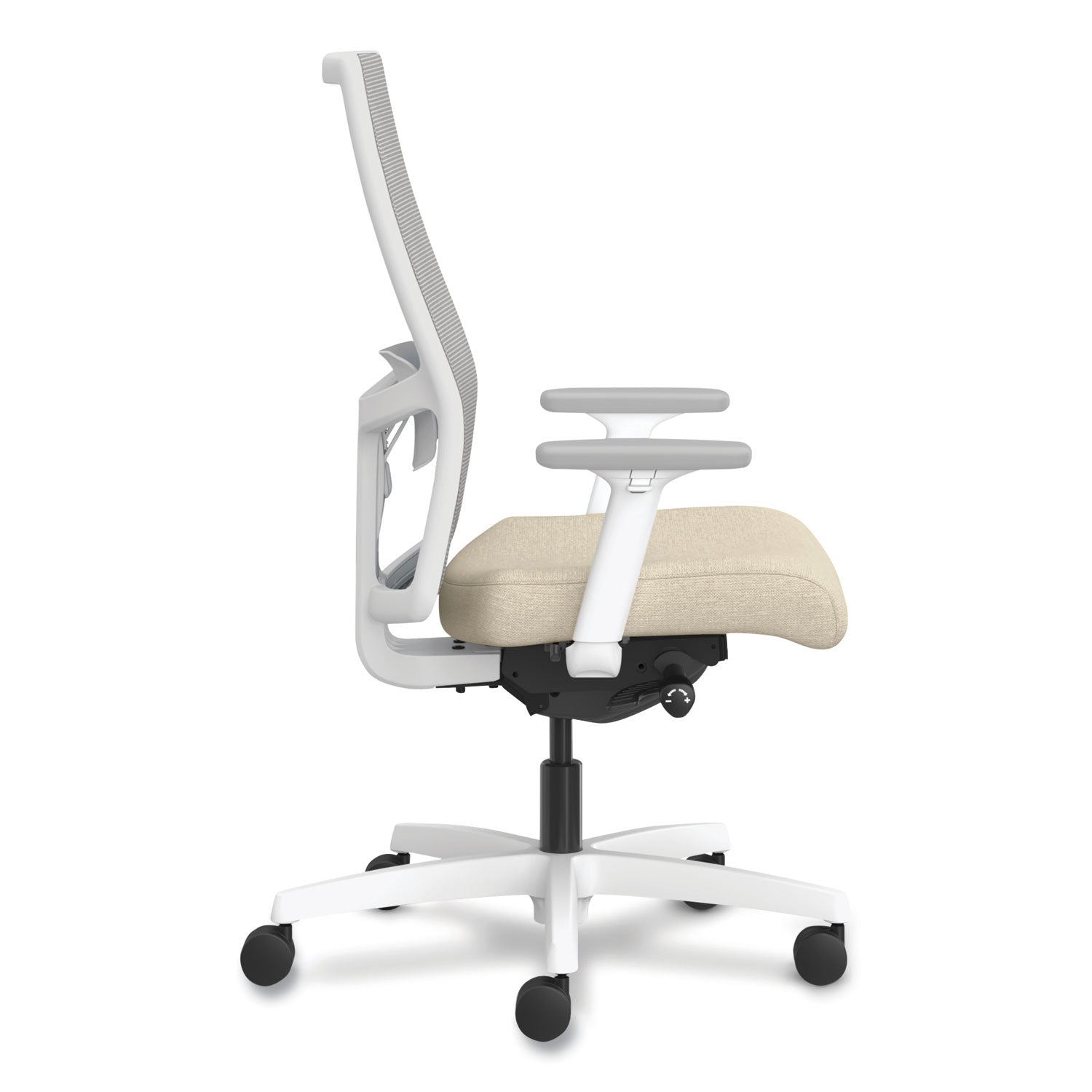 HON® Ignition 2.0 4-Way Stretch Mid-Back Task Chair, White Adjustable Lumbar Support, Biscotti Seat, Fog Back, White Base